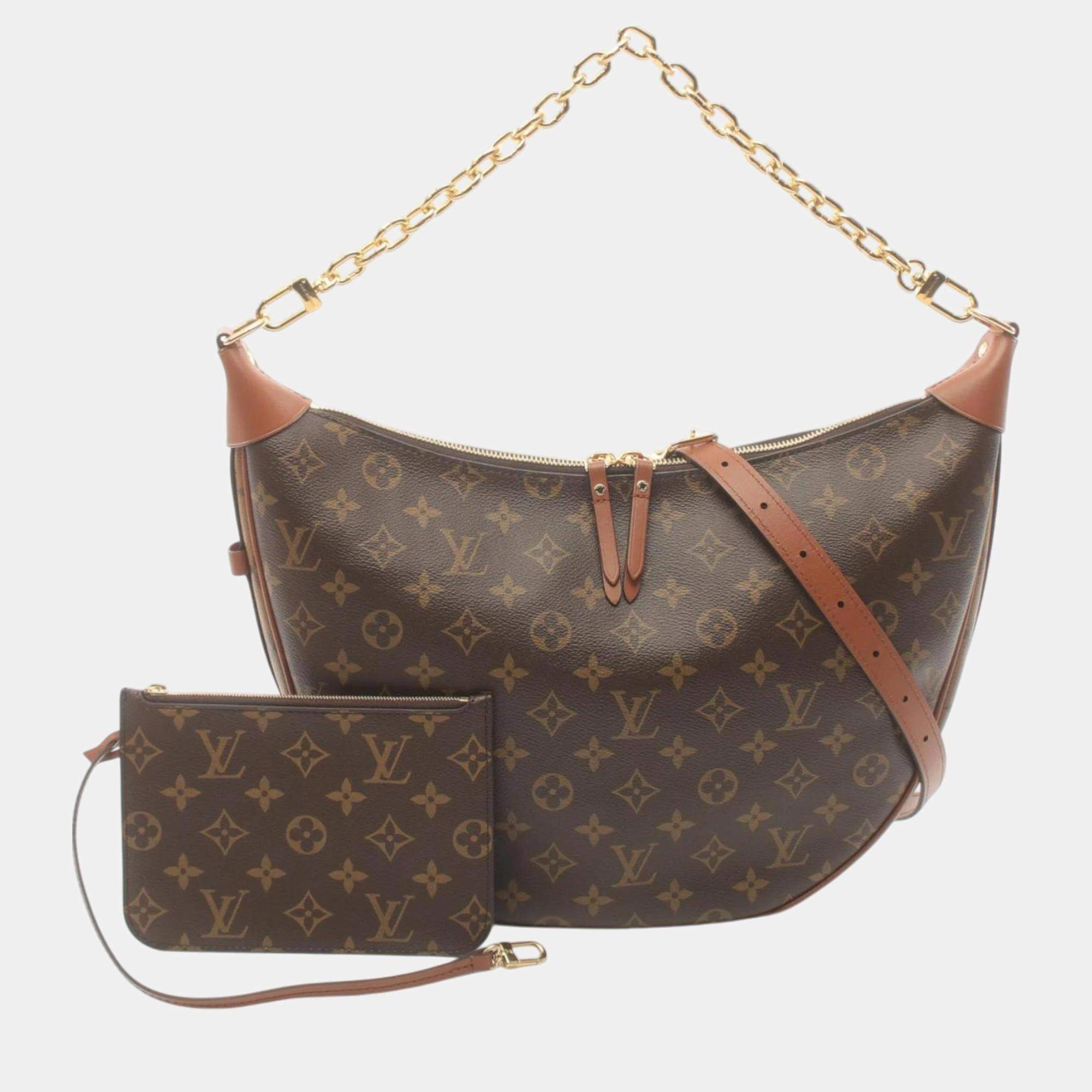 Louis Vuitton Coated Canvas Leather Brown Loop Hobo Monogram Reverse Shoulder Bag