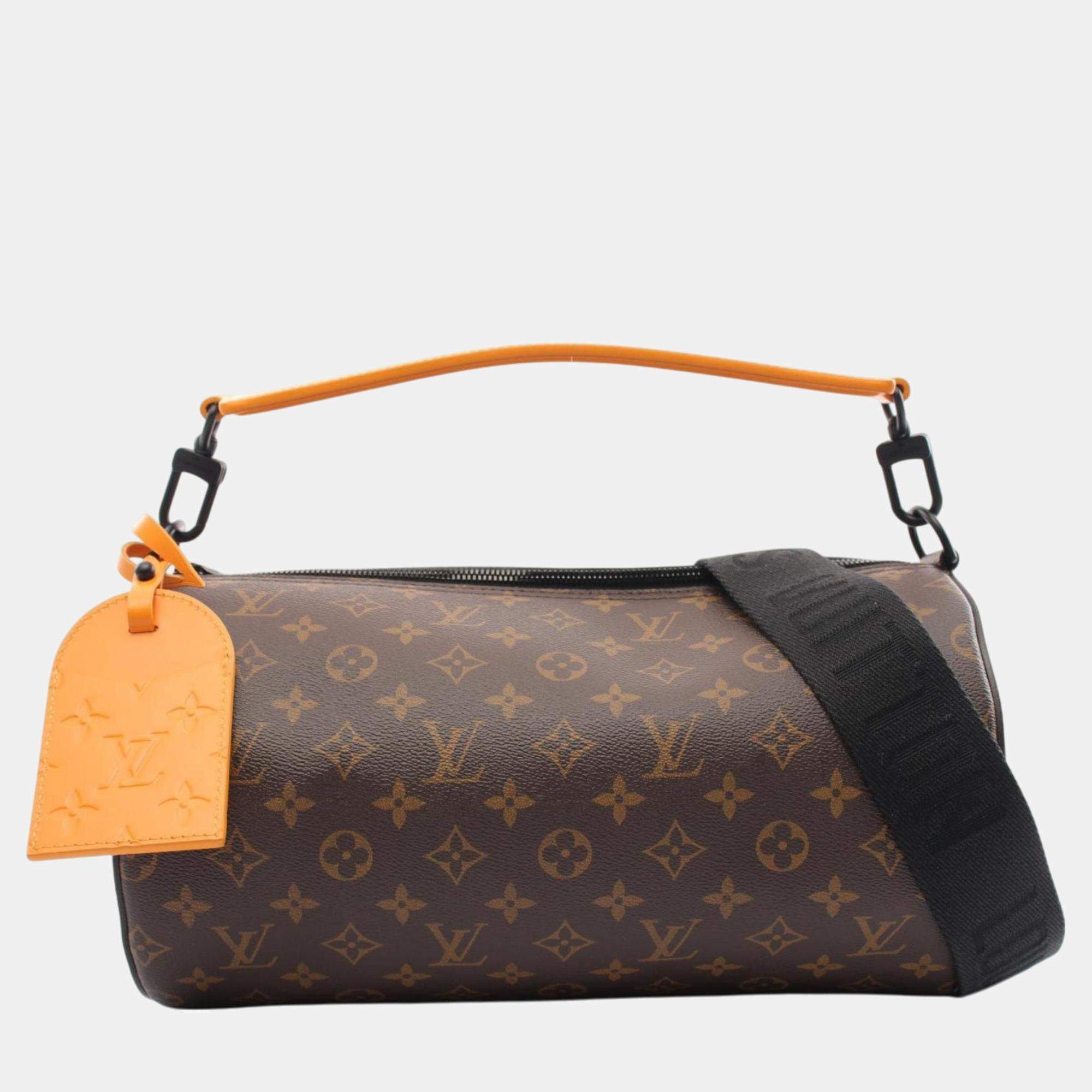 Louis Vuitton Brown Orange Coated Canvas Leather Monogram Macassar Soft Polochon Mm Handbag