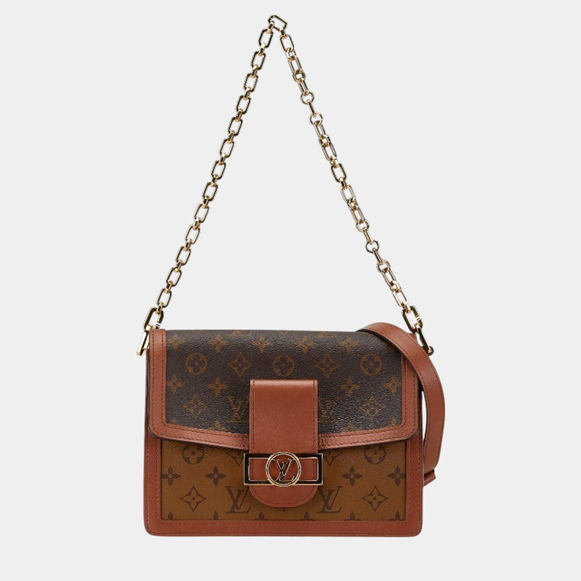 Pre Owned Louis Vuitton Brown Coated Canvas Leather Monogram Reverse Dauphine Mm Chain Shoulder Bag