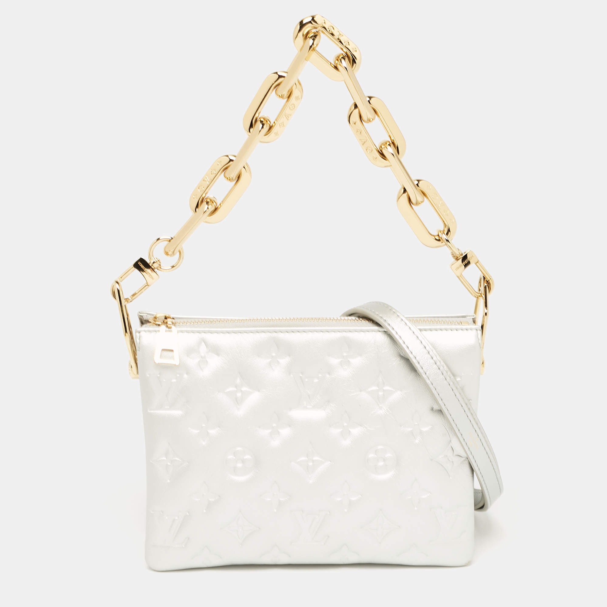 Pre Owned Louis Vuitton Silver Monogram Embossed Puffy Leather Coussin BB Bag