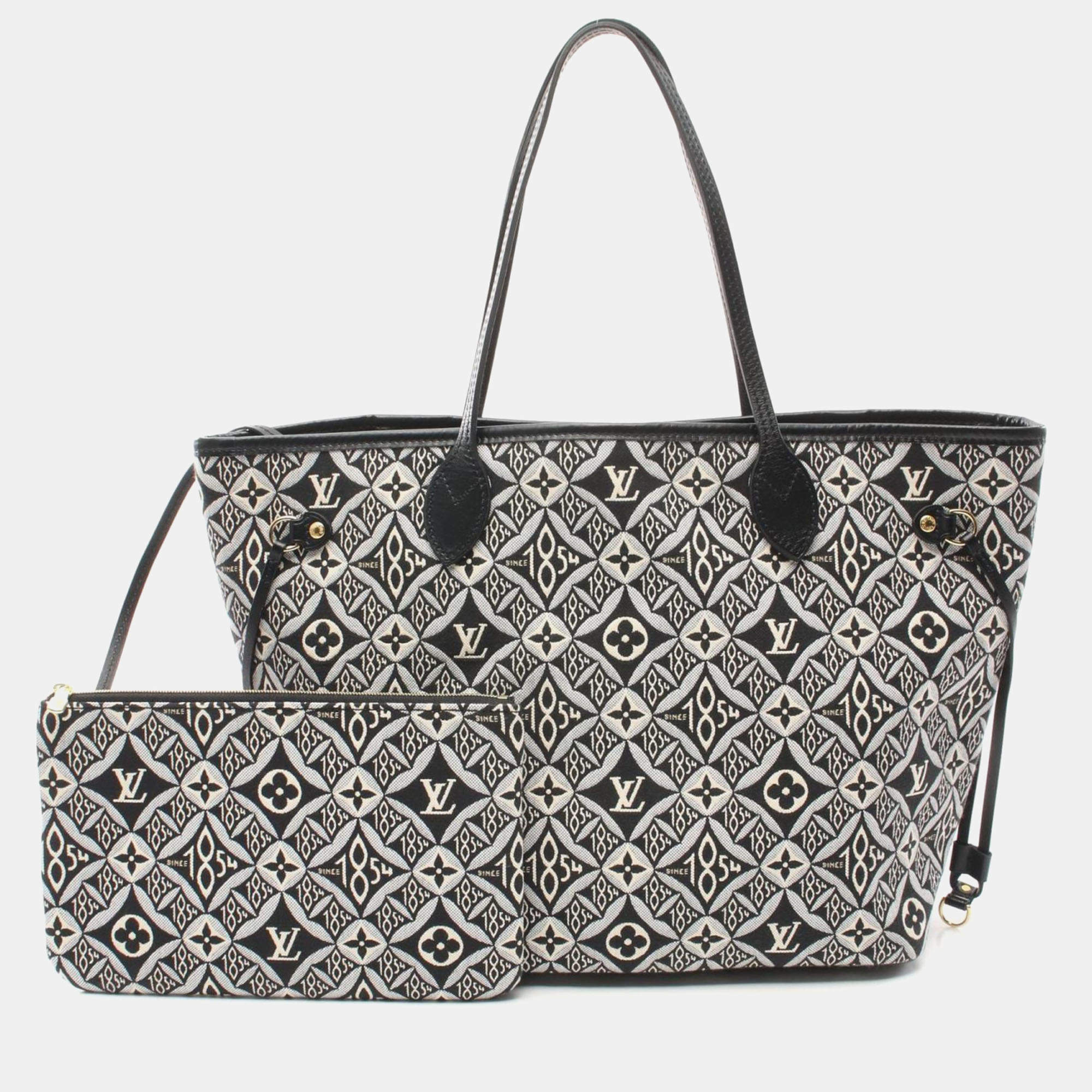 Louis Vuitton Black Ivory Gray Canvas Leather Monogram Jacquard Neverfull Since 1854 MM Tote Bag