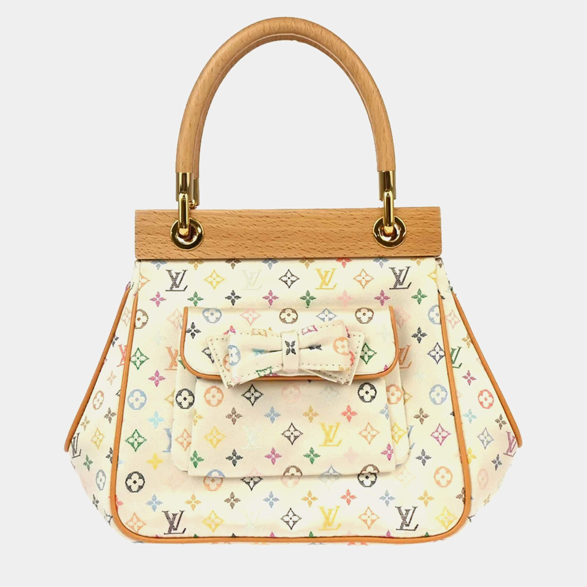 Louis Vuitton White Silk Satin Monogram Multicolor Abelia Top Handle Bag
