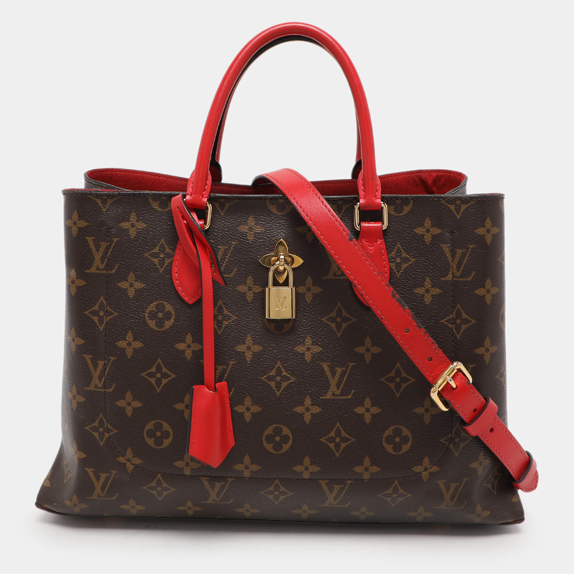 Pre Owned Louis Vuitton Red Monogram Canvas Flower Tote