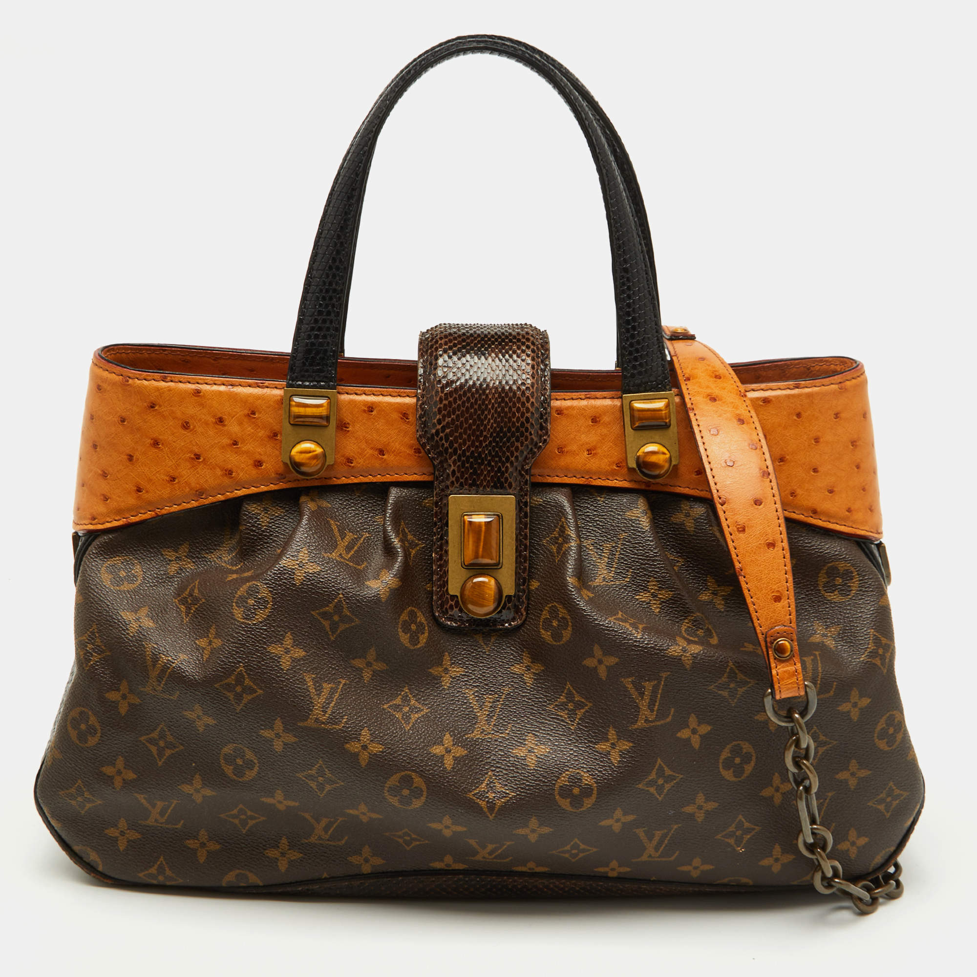Louis Vuitton Ostrich, Snakeskin Trim and Monogram Canvas Waltz Oskar Bag