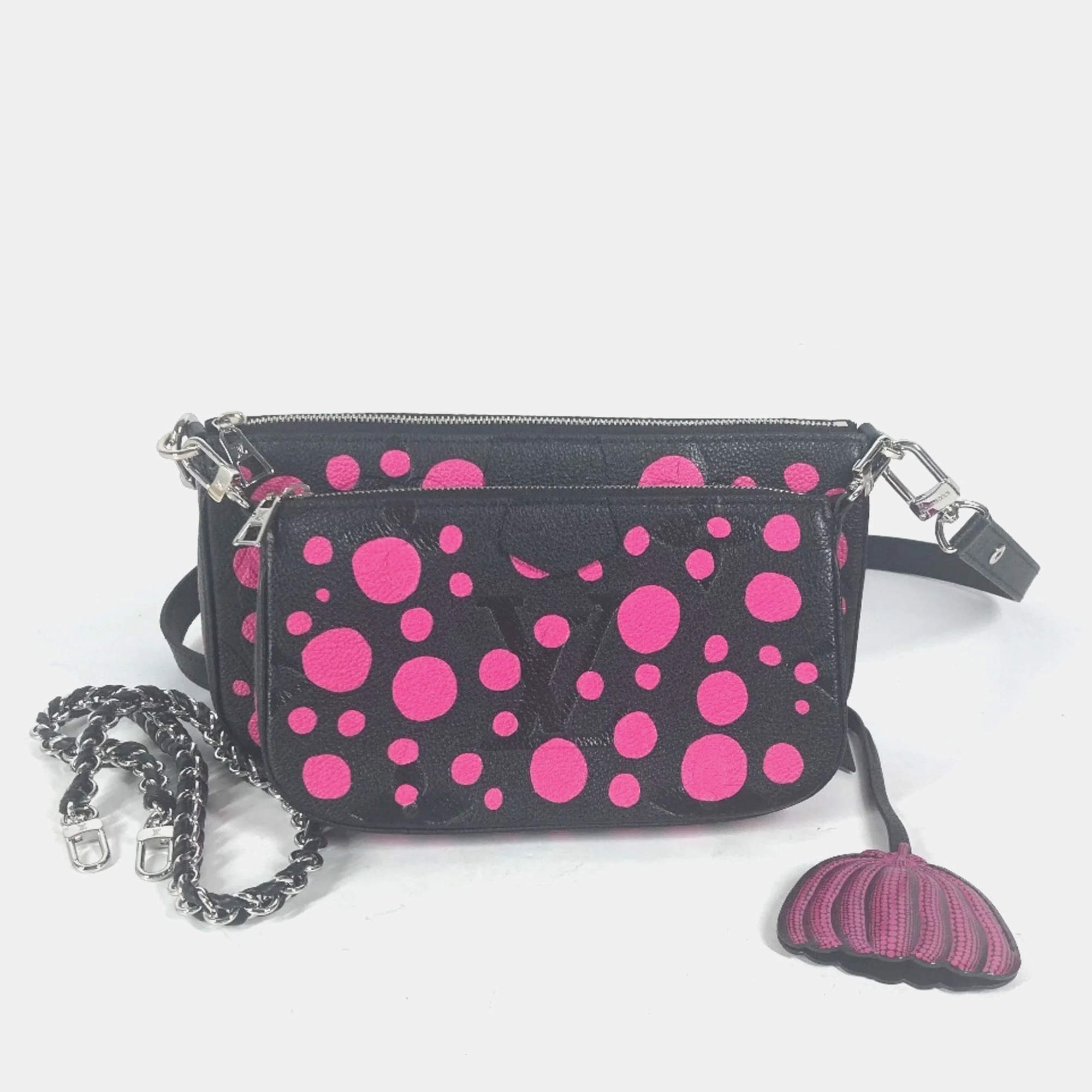 Pre Owned Louis Vuitton Black and Pink Monogram Empreinte Leather Yayoi Kusama Multi Pochette Accessoires Shoulder Bag