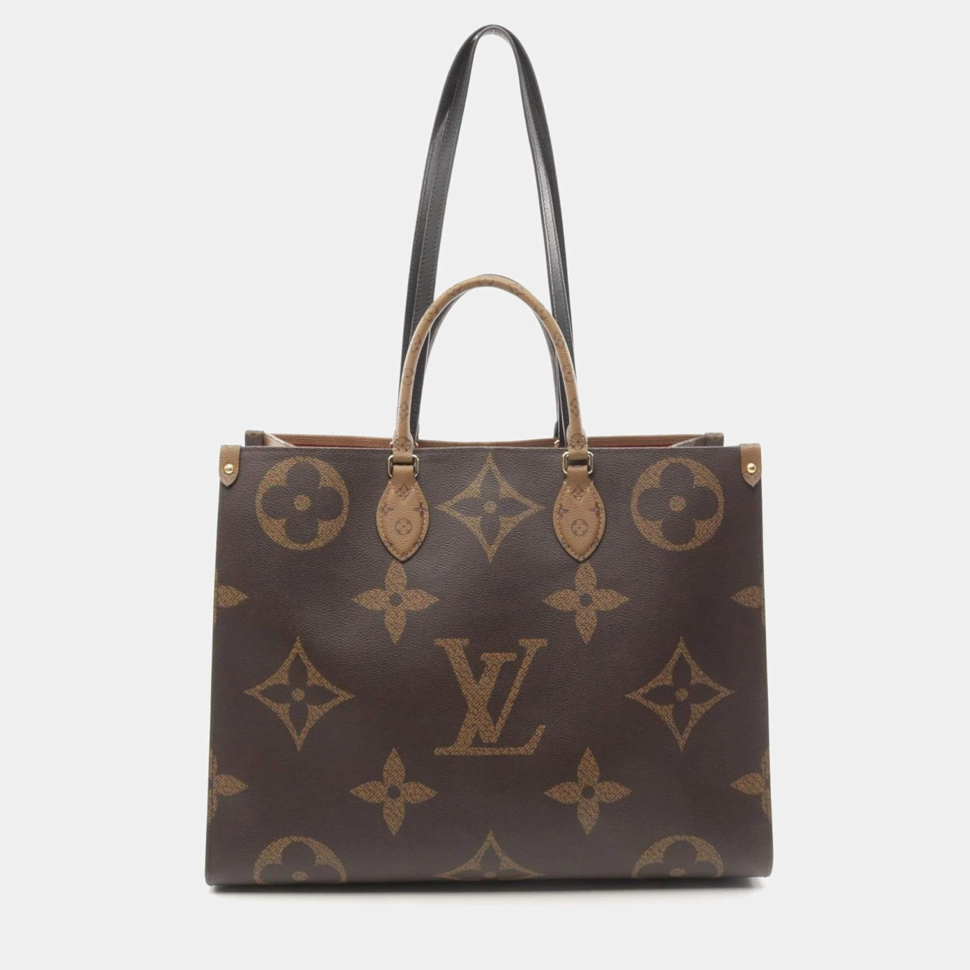 Louis Vuitton Brown Coated Canvas Leather On The Go Gm Monogram Giant Reverse Shoulder Bag 