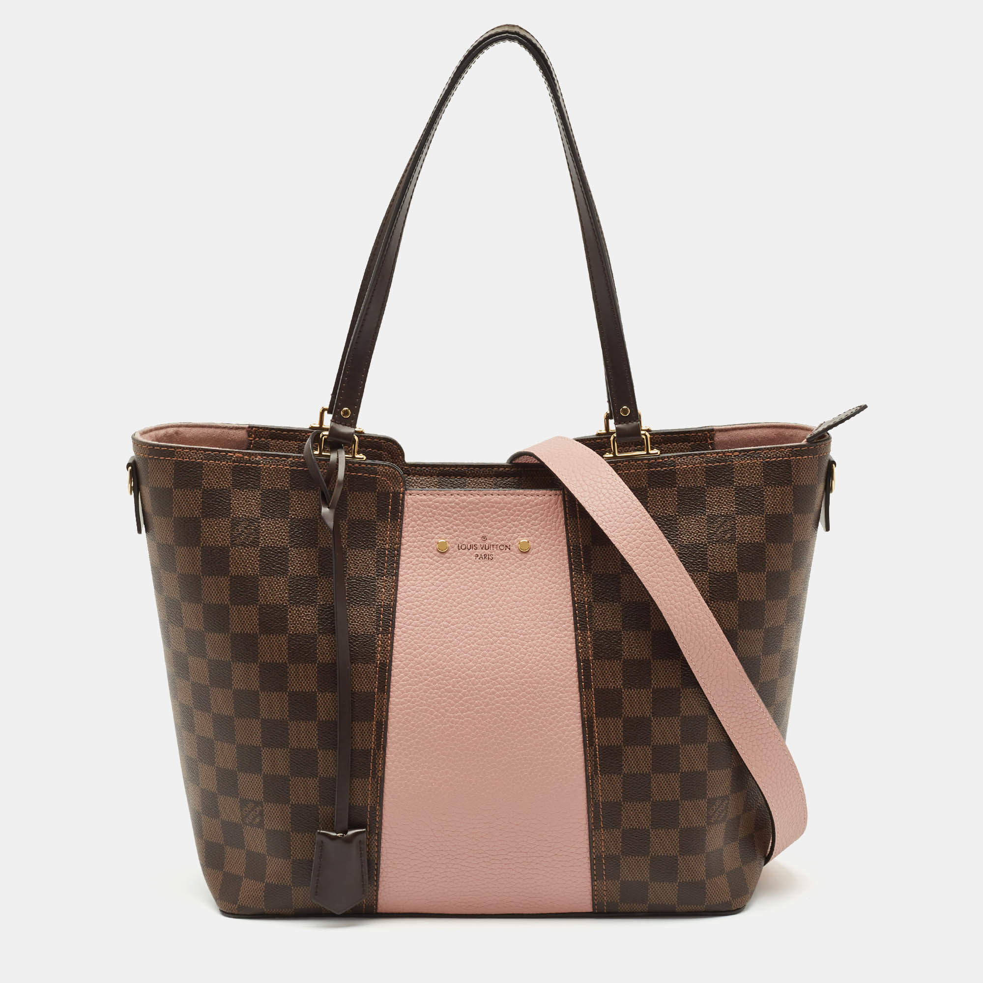 Pre Owned Louis Vuitton Magnolia Damier Ebene Canvas and Taurillon Leather Jersey Tote
