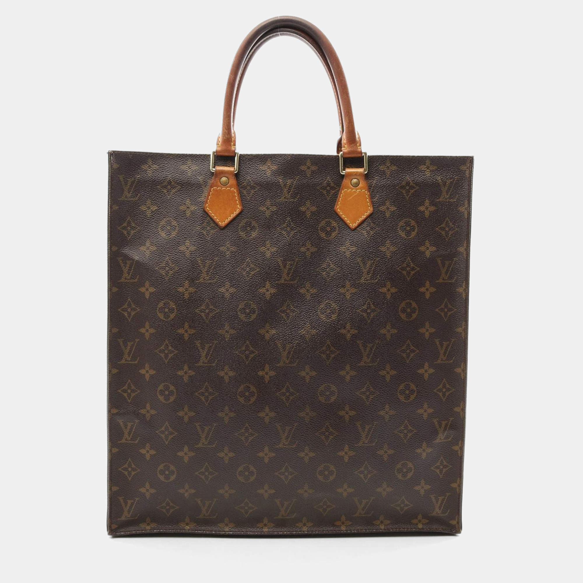 Pre Owned Louis Vuitton Sac Plat Hand Tote Bag Monogram Canvas Leather Brown