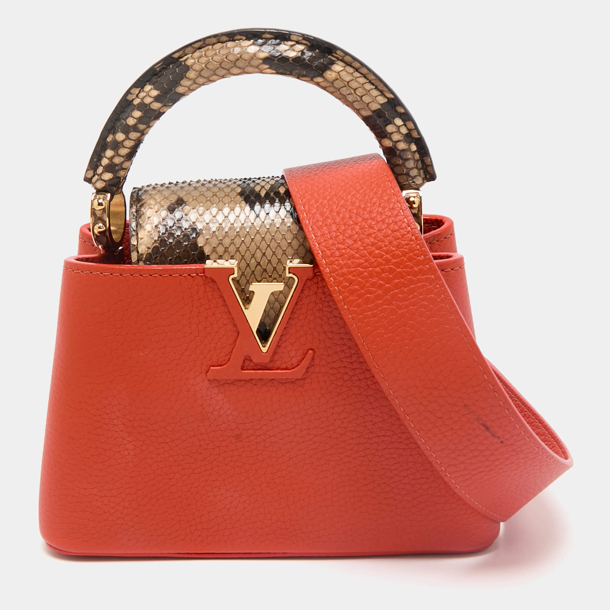 Pre Owned Louis Vuitton Orange/Beige Taurillon Leather and Python Mini Capucines Bag