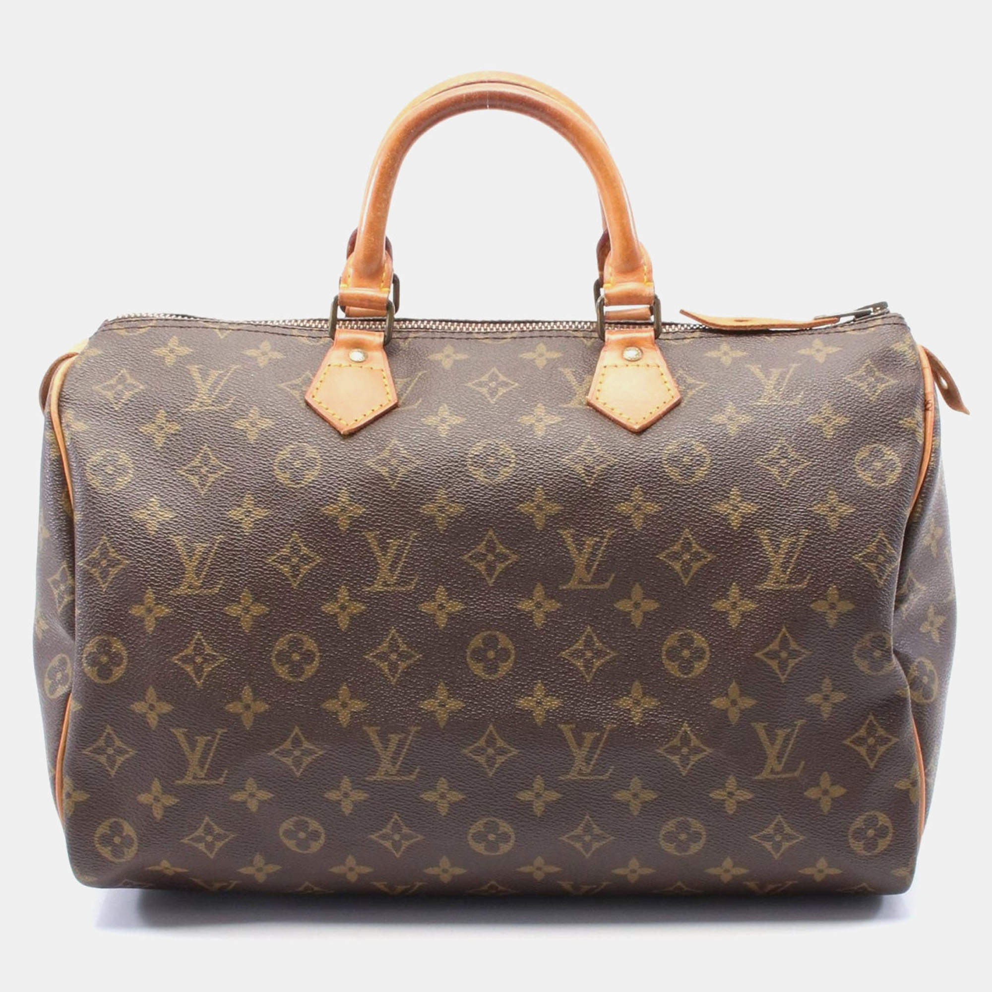  Louis Vuitton Brown Monogram Canvas Leather Speedy 35 Handbag 