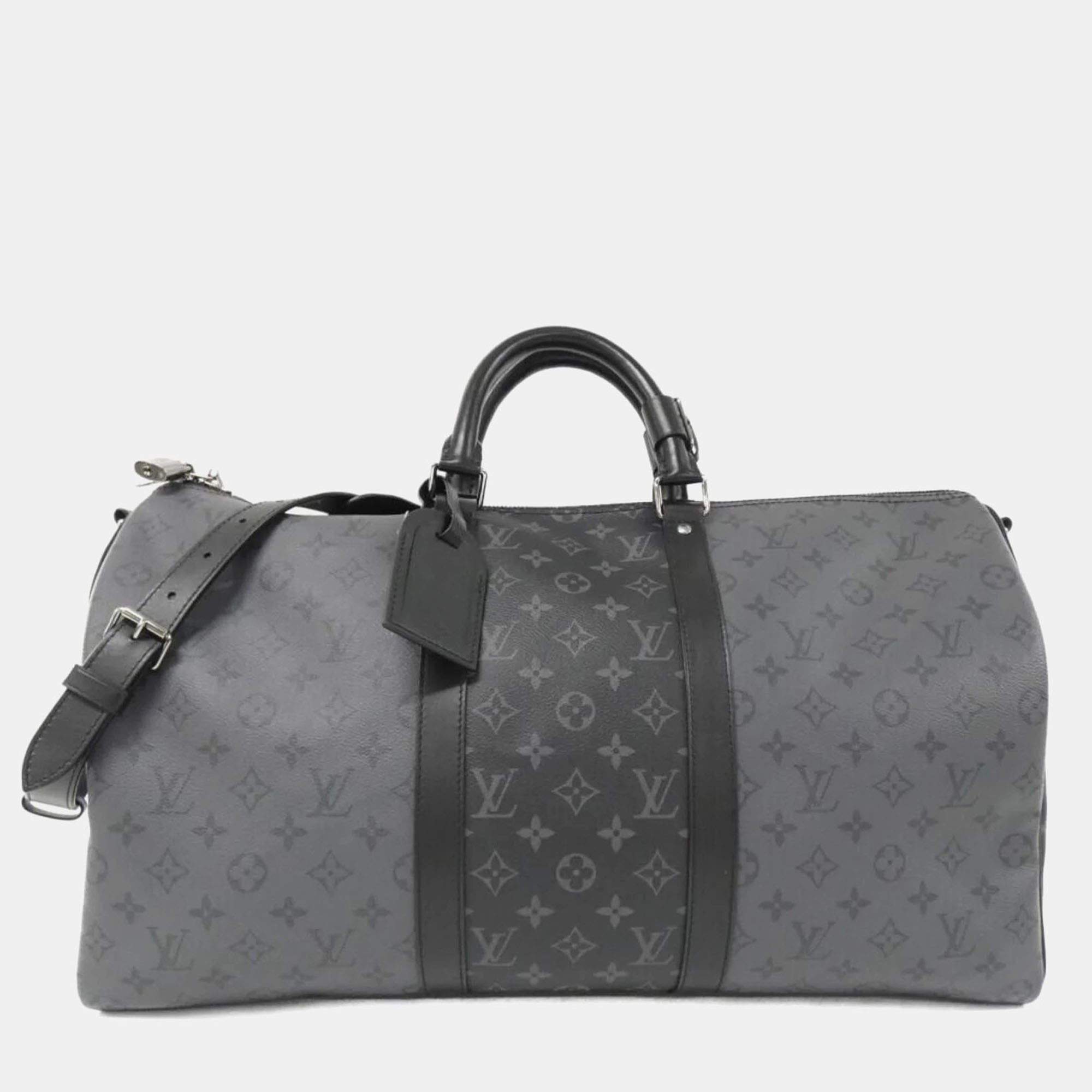 Louis Vuitton Black Coated Canvas Monogram Eclipse Keepall Bandouliere 50 Boston Bag