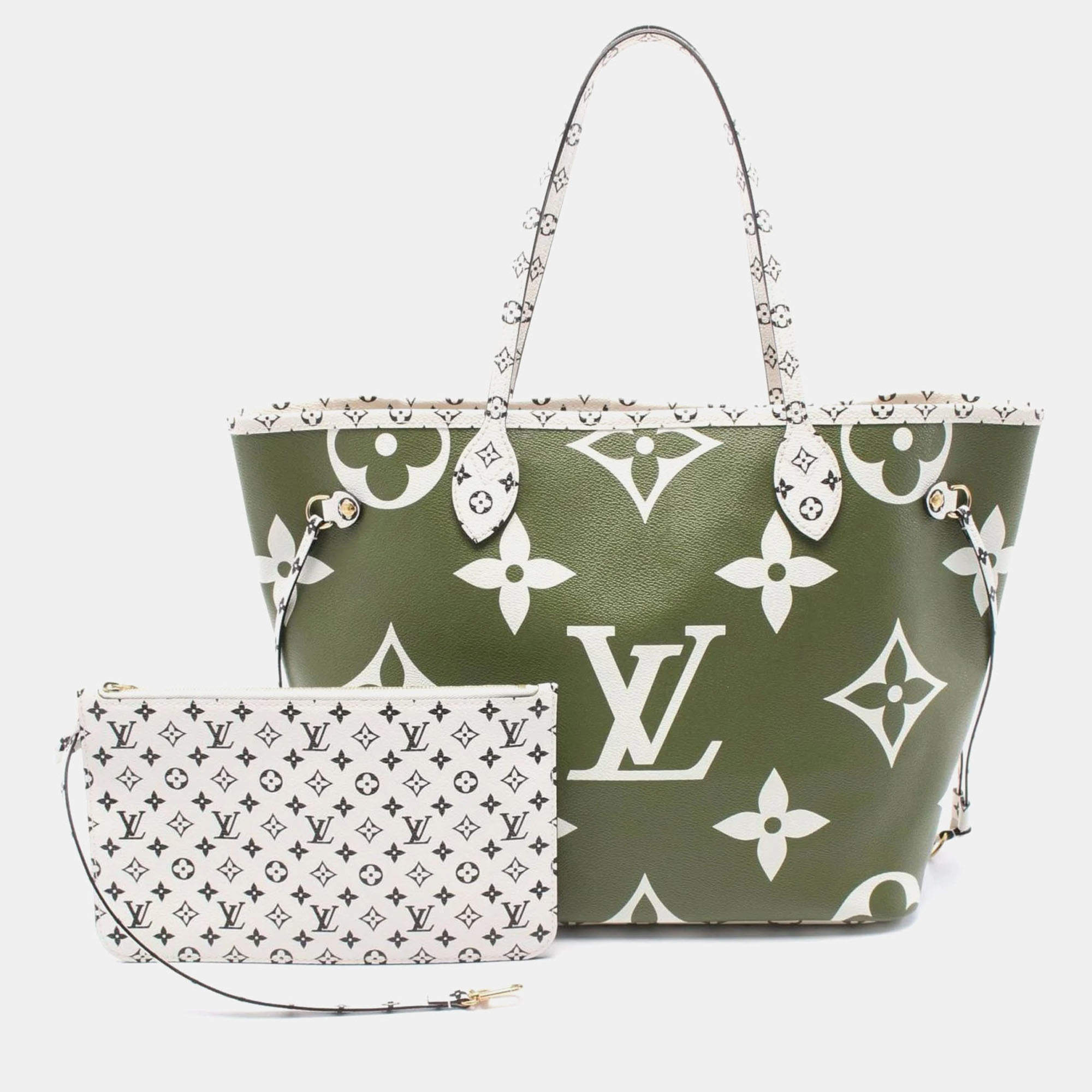 Louis Vuitton Khaki Beige Canvas Monogram Giant Neverfull MM Tote Bag
