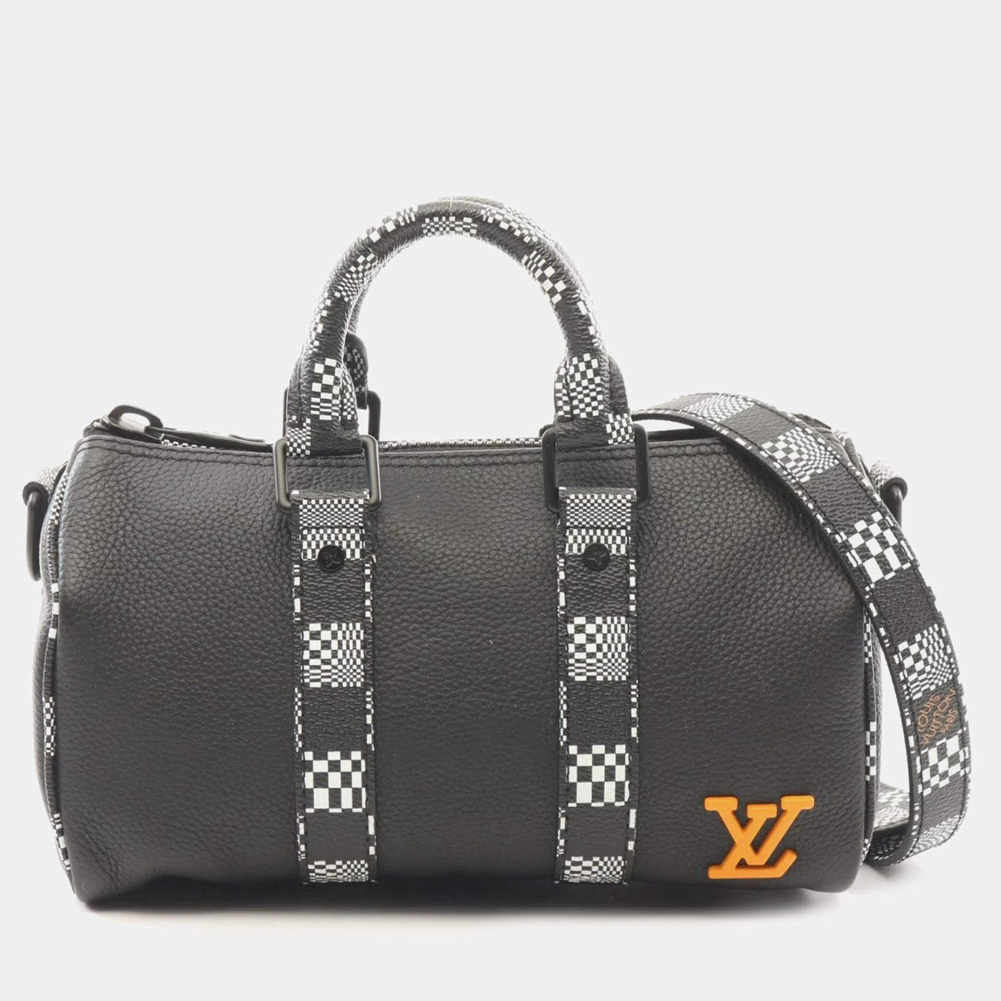 Louis Vuitton Black Leather with Limited Edition Distorted Damier XS Keepall Bandouliere Bag 
