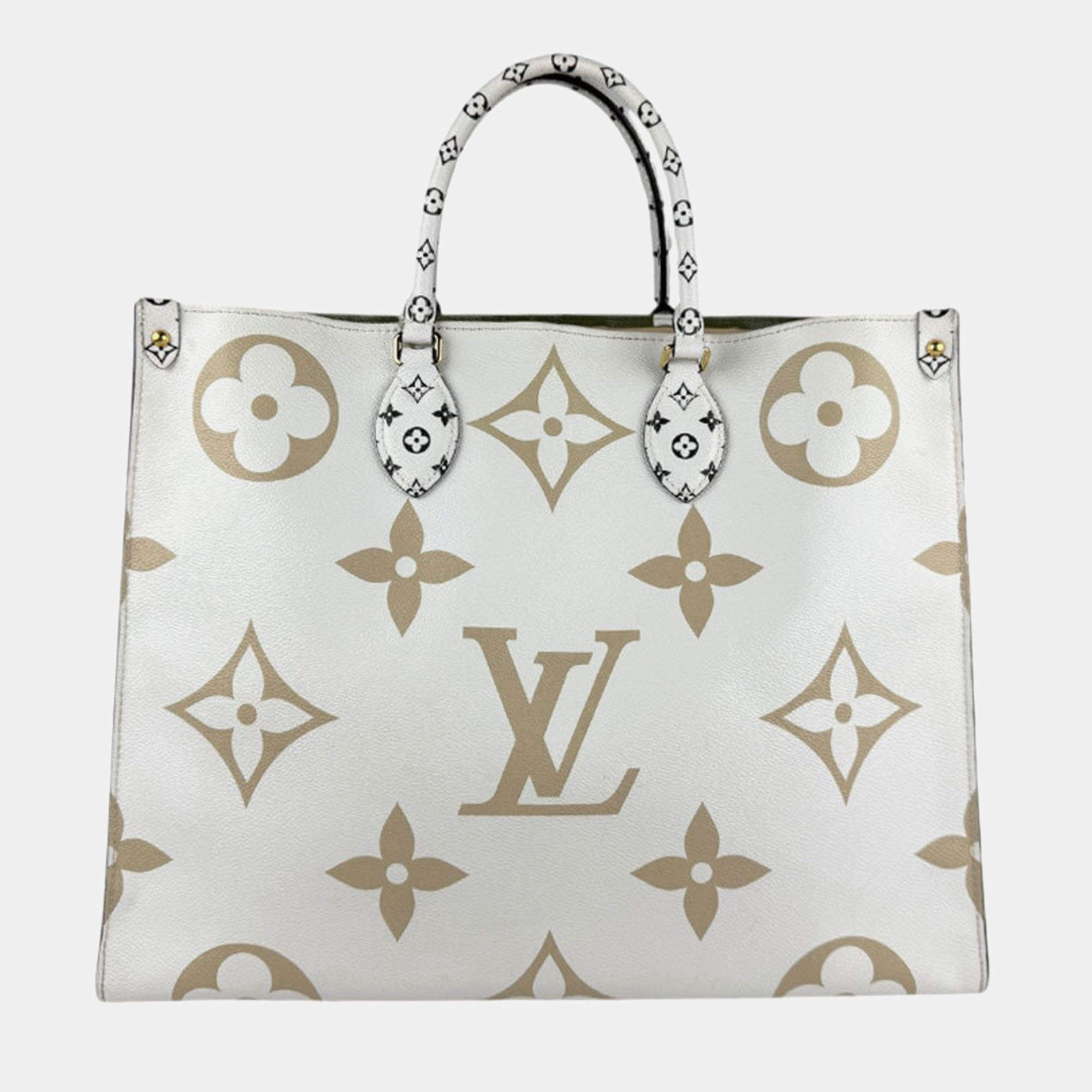 Pre Owned Louis Vuitton Kaki Beige Coated Canvas Monogram Giant Onthego GM Tote Bag