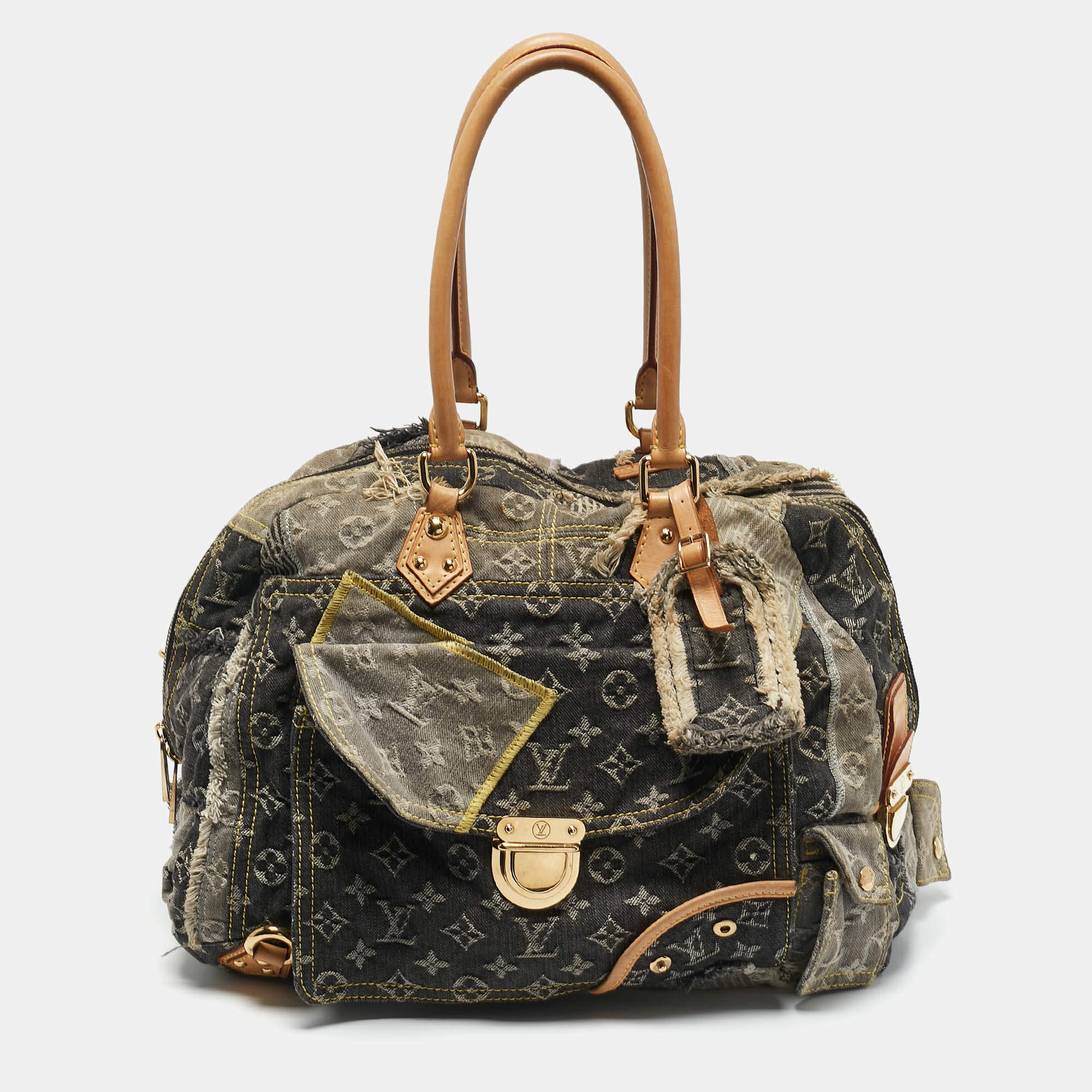 Pre Owned Louis Vuitton Grey Monogram Denim Patchwork Limited Edition Bowly Bag