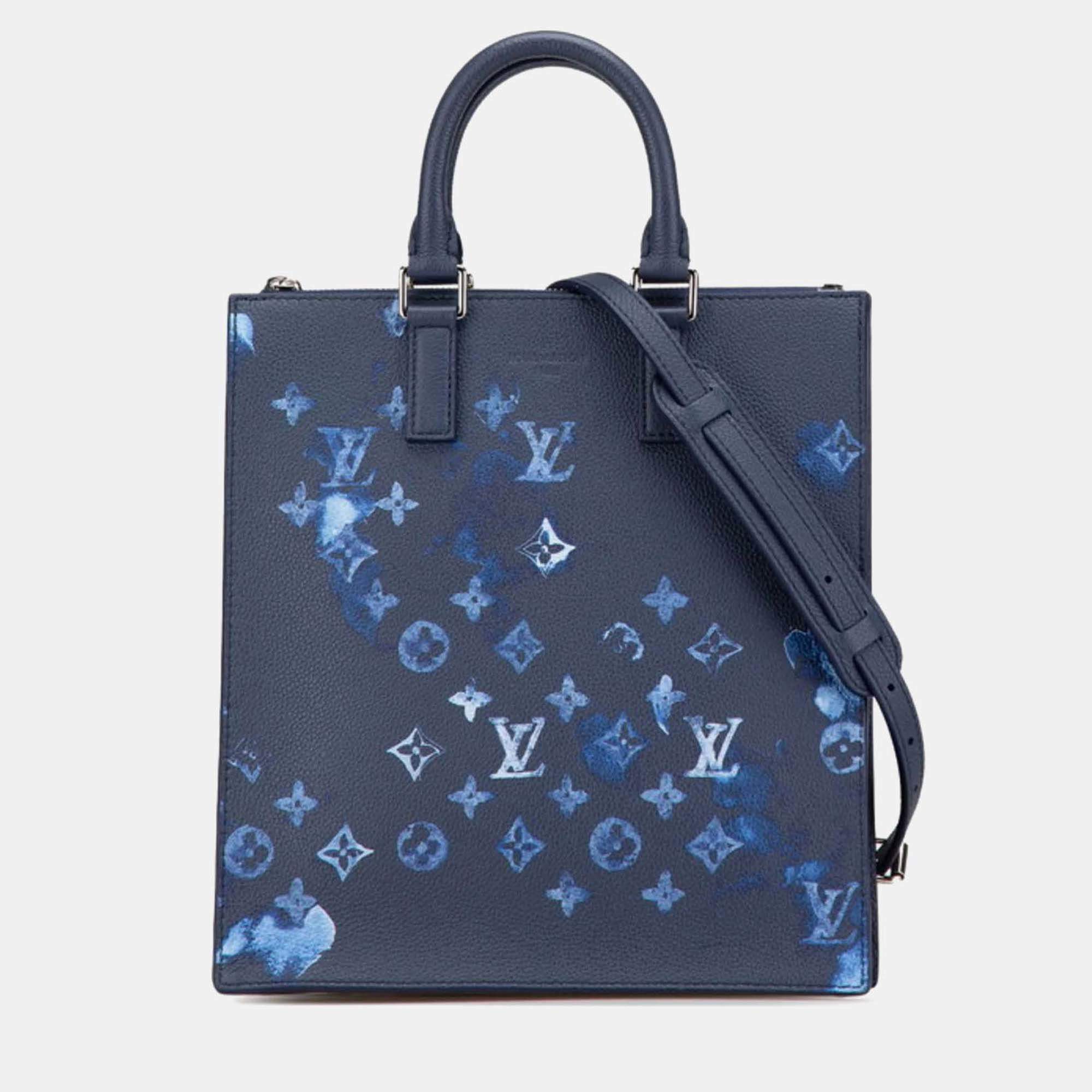 Pre Owned Louis Vuitton Sac Plat Navy Monogram Watercolor Grained Leather Shoulder Bag