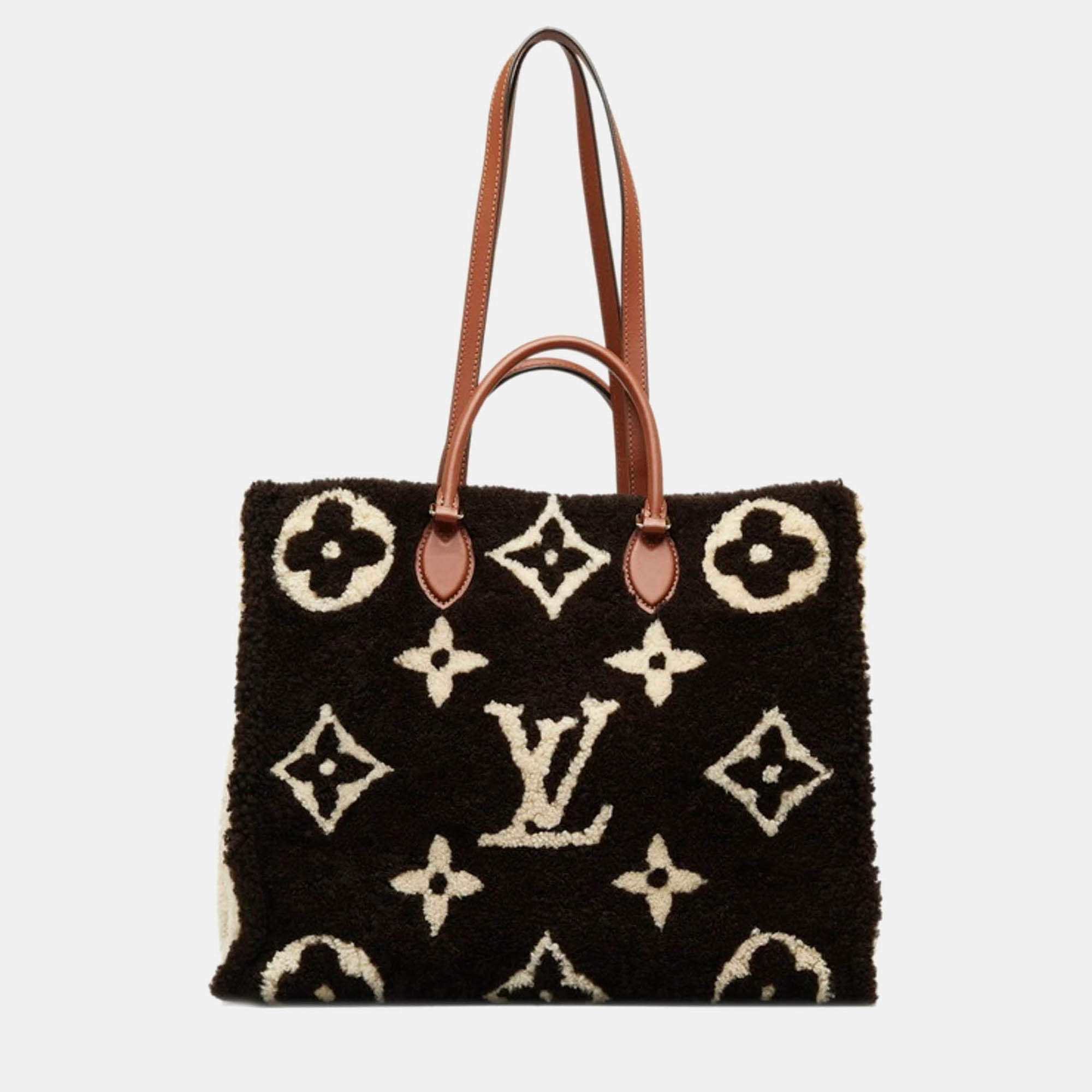 Pre Owned Louis Vuitton OnTheGo GM Beige/Black Leather Monogram Teddy Tote Bag 