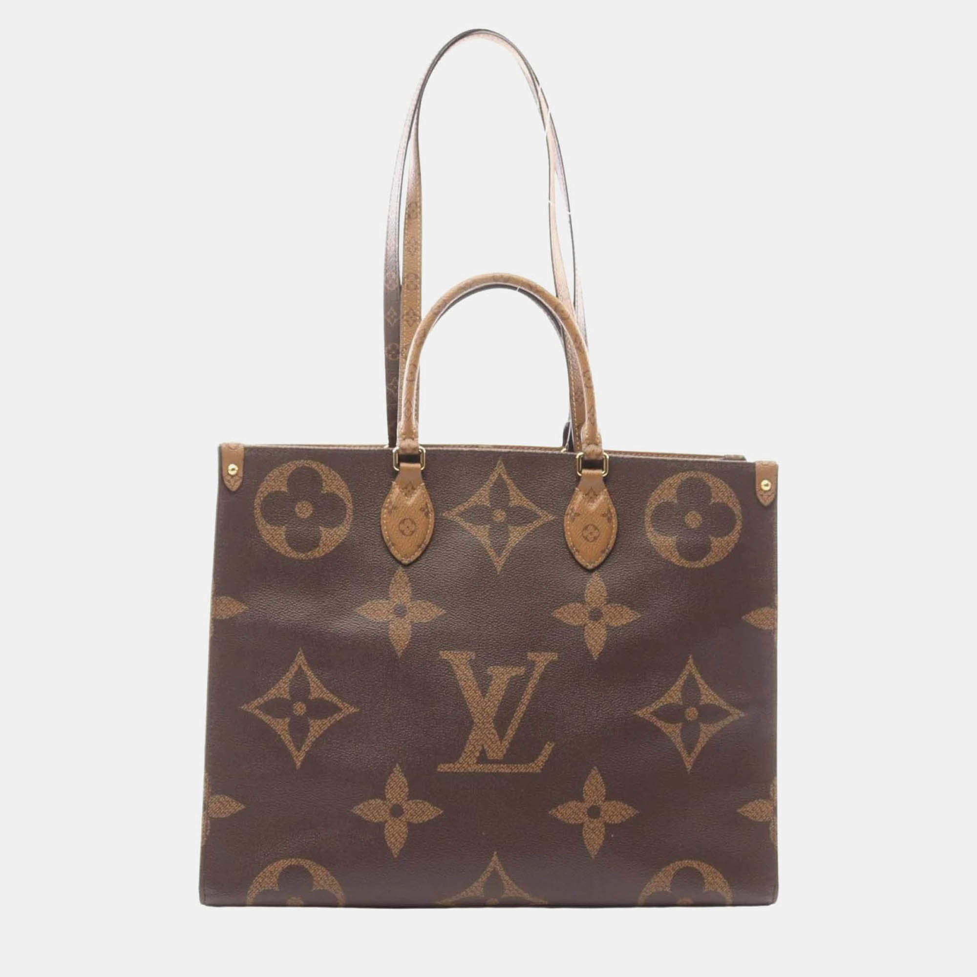 Pre Owned Louis Vuitton OnTheGo GM Coated Canvas Brown/Beige Monogram Giant Reverse Tote Bag