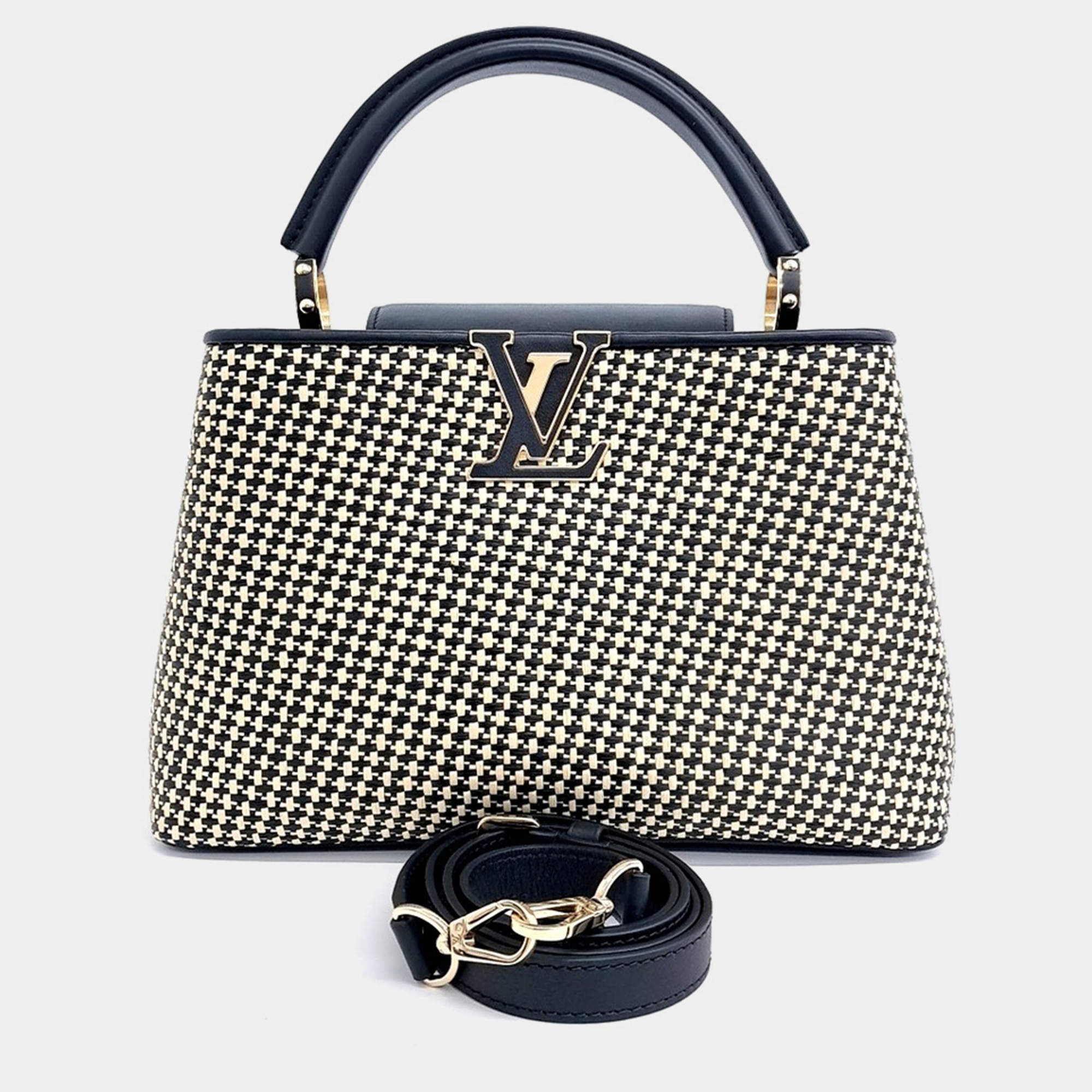 Louis Vuitton Beige Black Leather and Raffia Capucine MM bag