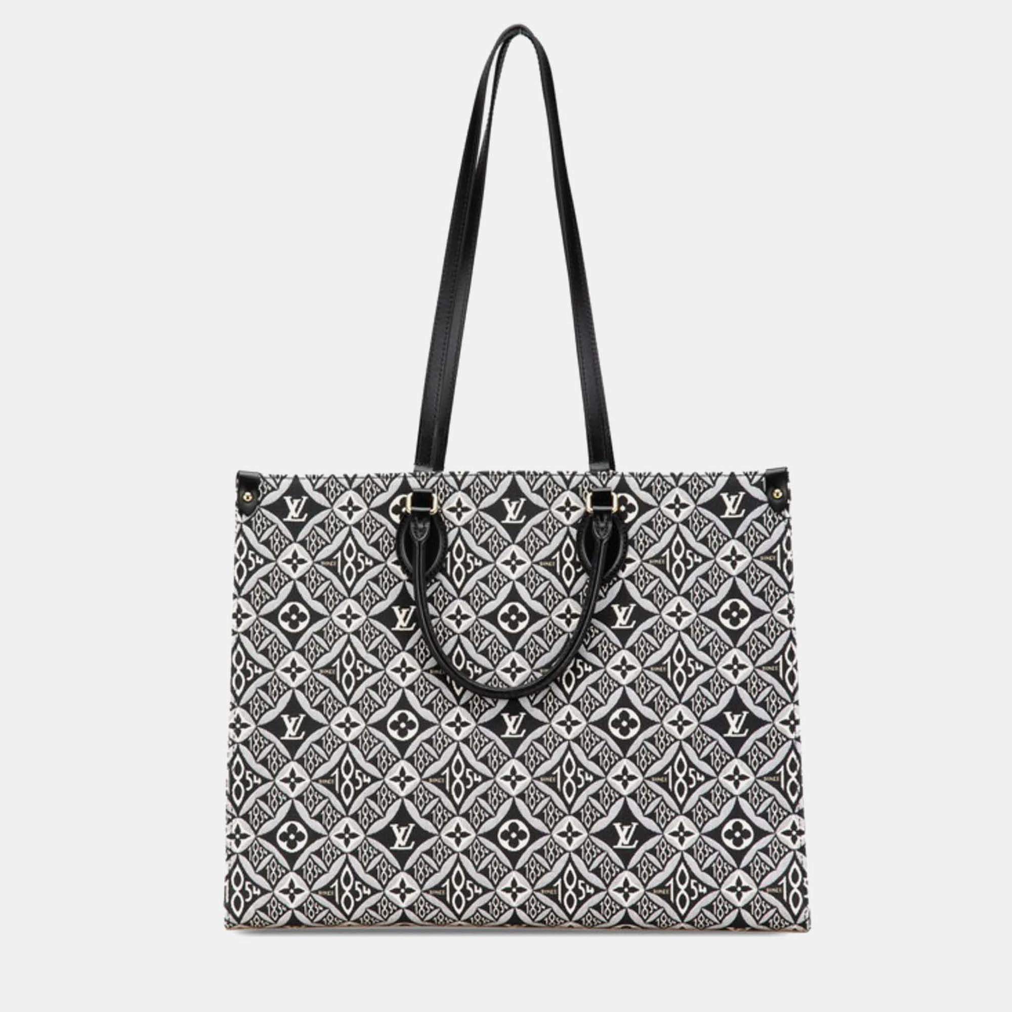 Louis Vuitton Monogram On The Go Gm Handbag Tote Bag Black White Blue Canvas Leather