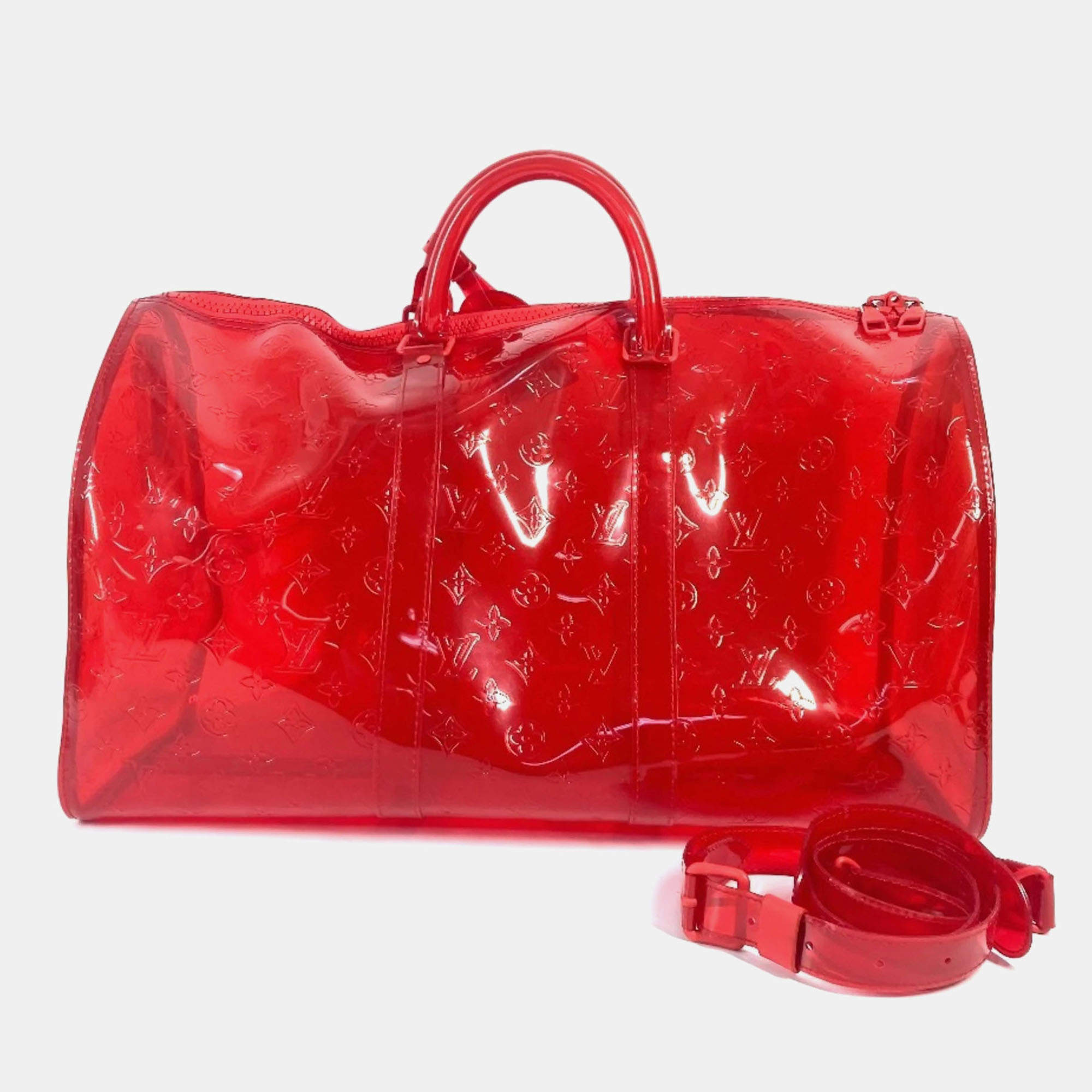 Pre Owned Louis Vuitton Keepall 50 Red Monogram Prism Vinyl Coated Canvas Boston Bag