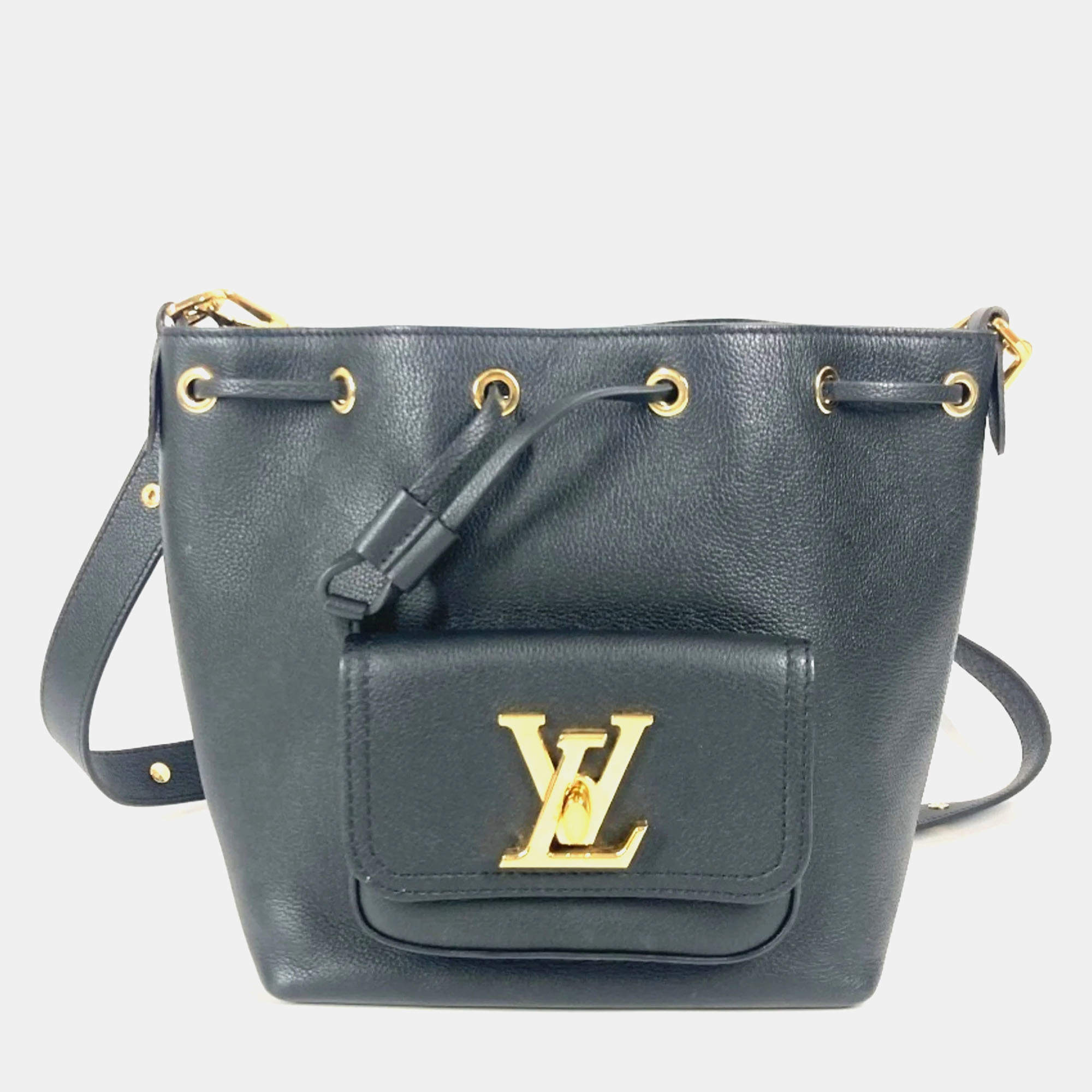  Louis Vuitton Lock Me Noir Leather Bucket Drawstring Handbag  