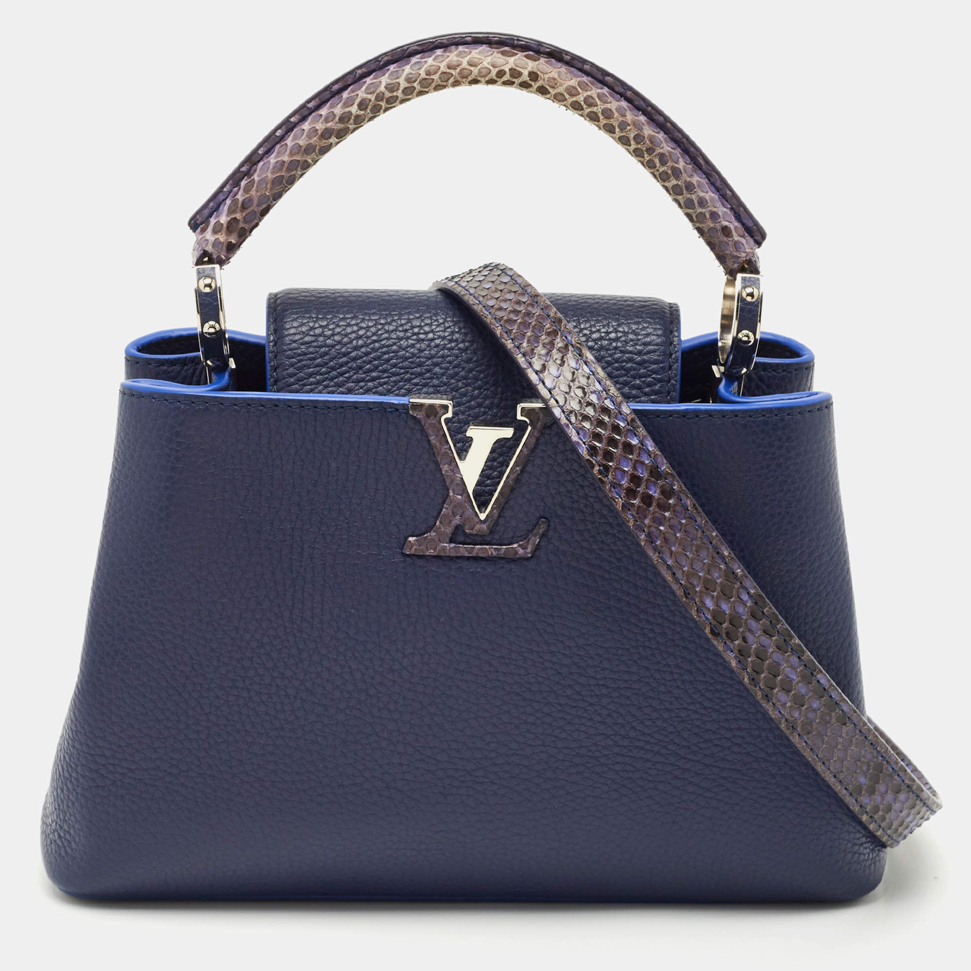 Pre Owned Louis Vuitton Navy Blue/Beige Leather and Python Capucines BB Bag
