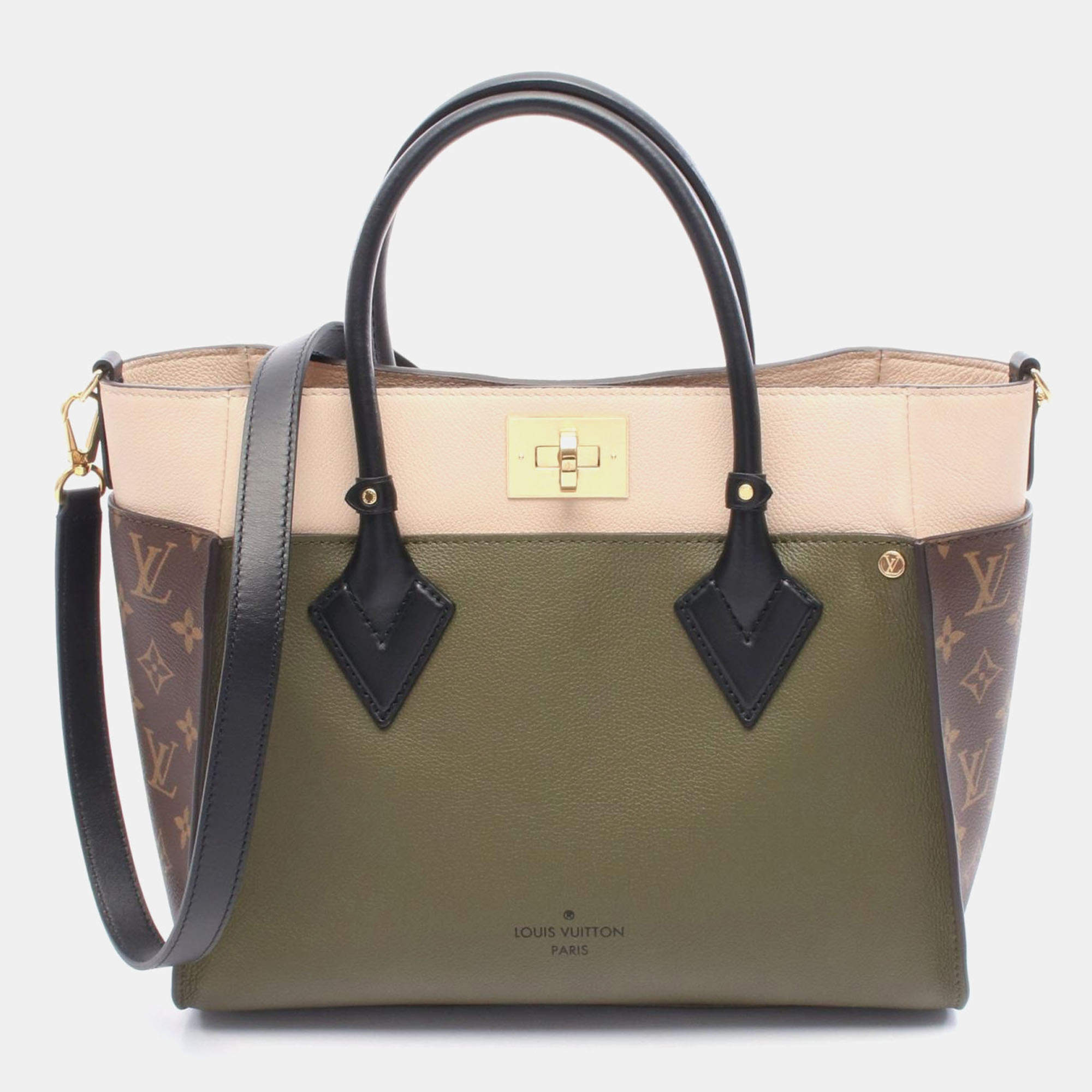 Pre Owned Louis Vuitton On My Side MM Khaki Monogram Leather Shoulder Tote Bag