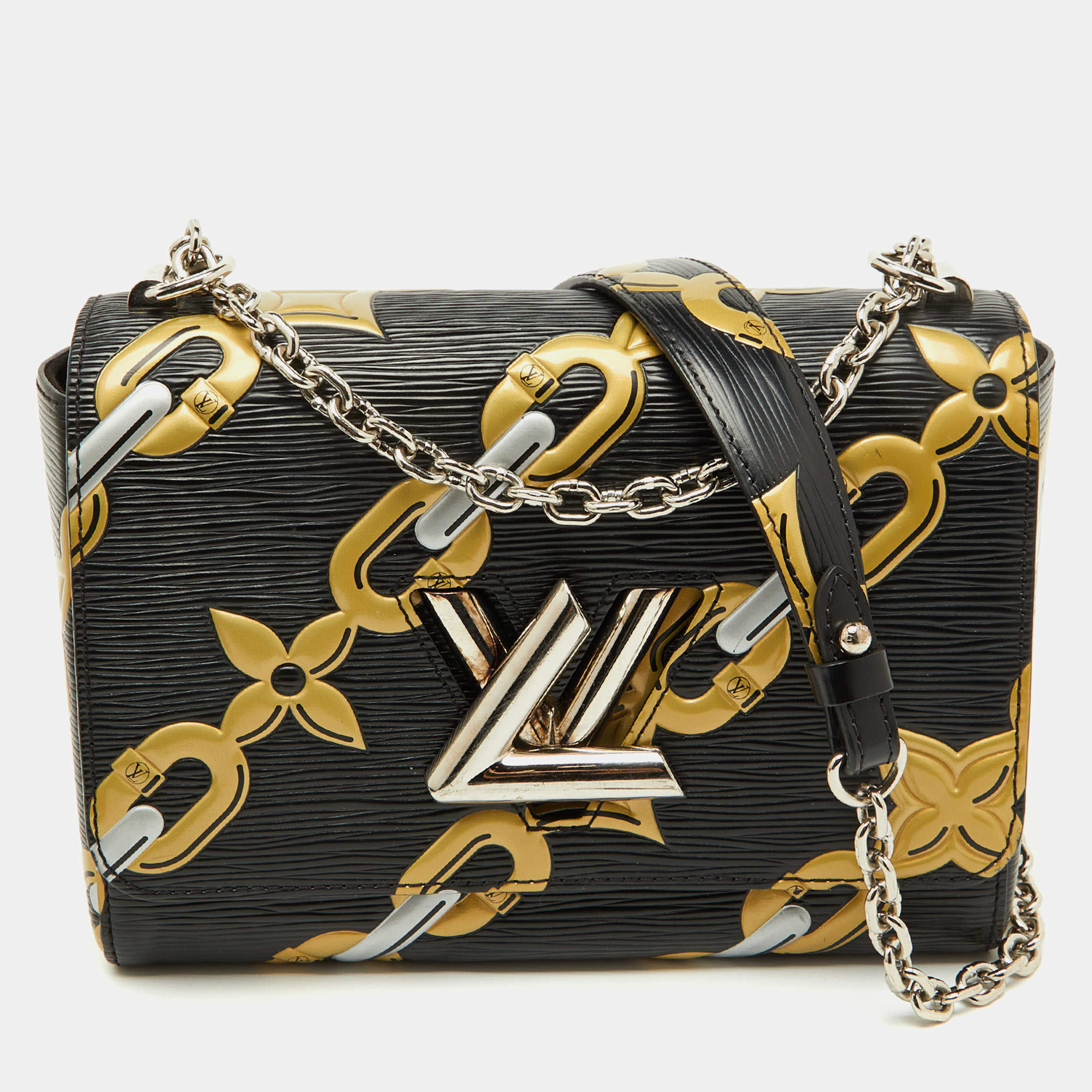 Pre Owned Louis Vuitton Black Epi Leather Chain Flower Print Twist MM Bag