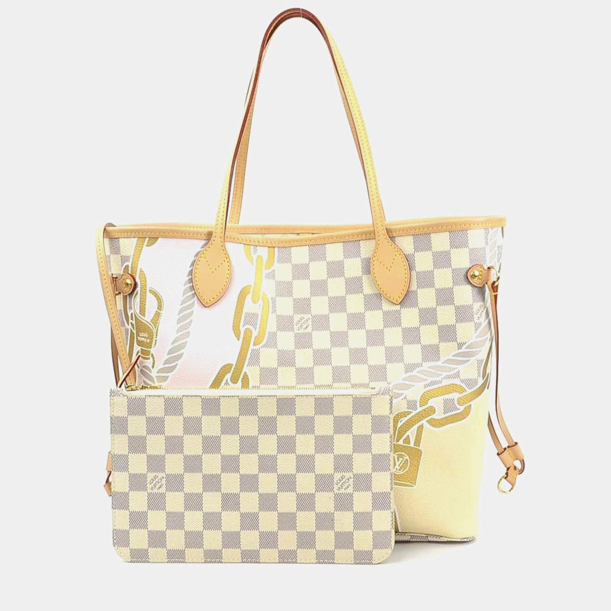 Pre Owned Louis Vuitton Neverfull MM Ivory Damier Azur Nautical Canvas Handbag