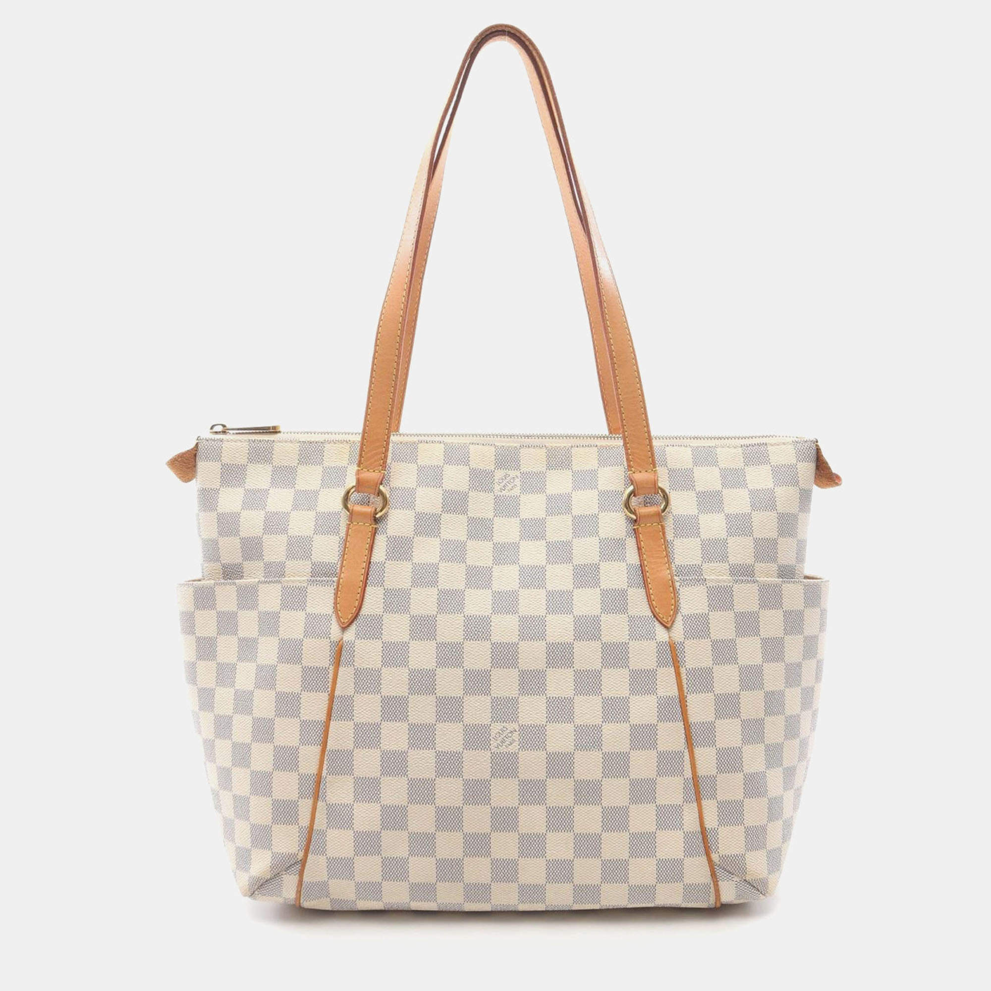 Pre Owned Louis Vuitton Totally MM White Damier Azur Canvas Leather Tote Bag