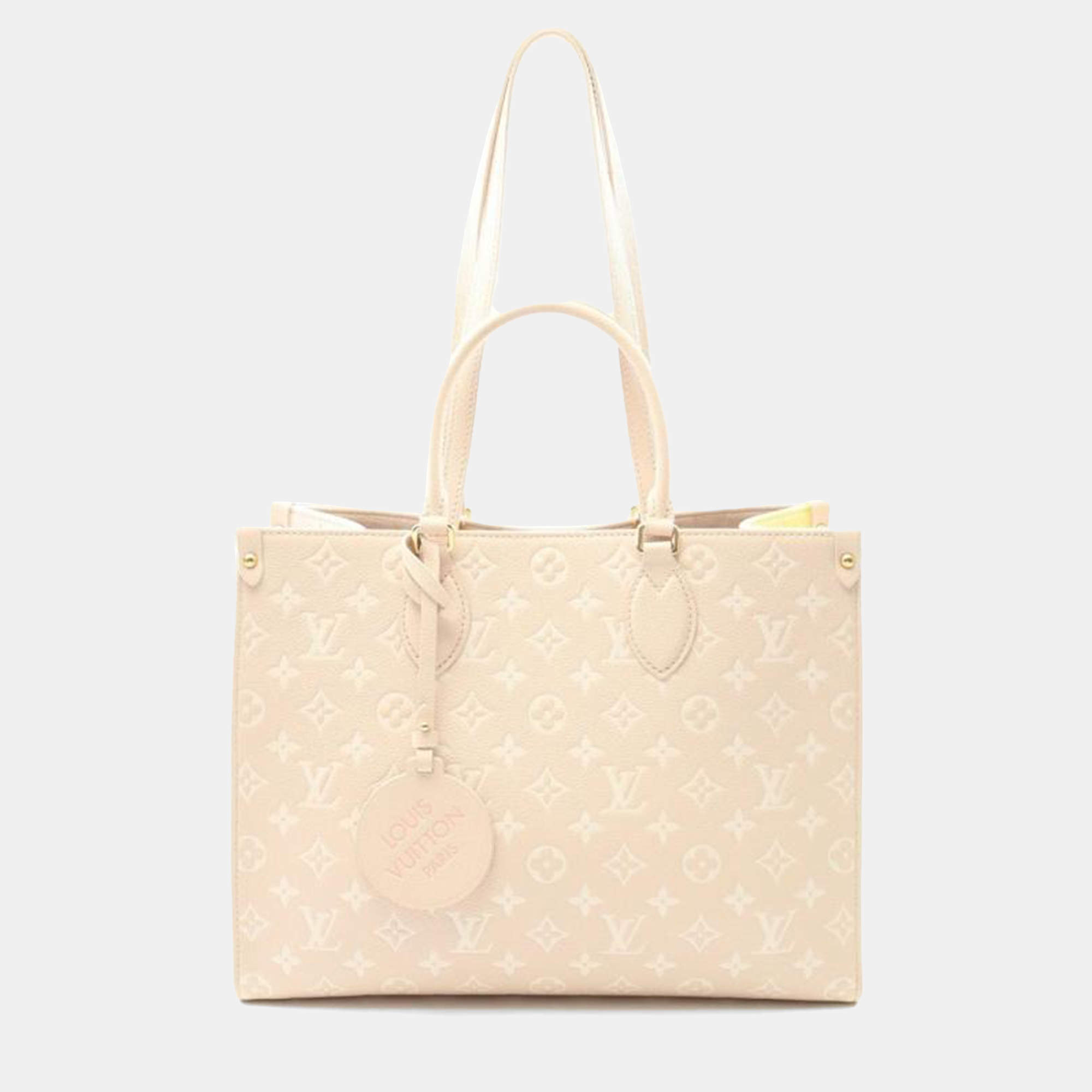Pre Owned Louis Vuitton OnTheGo MM Rose Beige Monogram Empreinte Leather Tote Bag