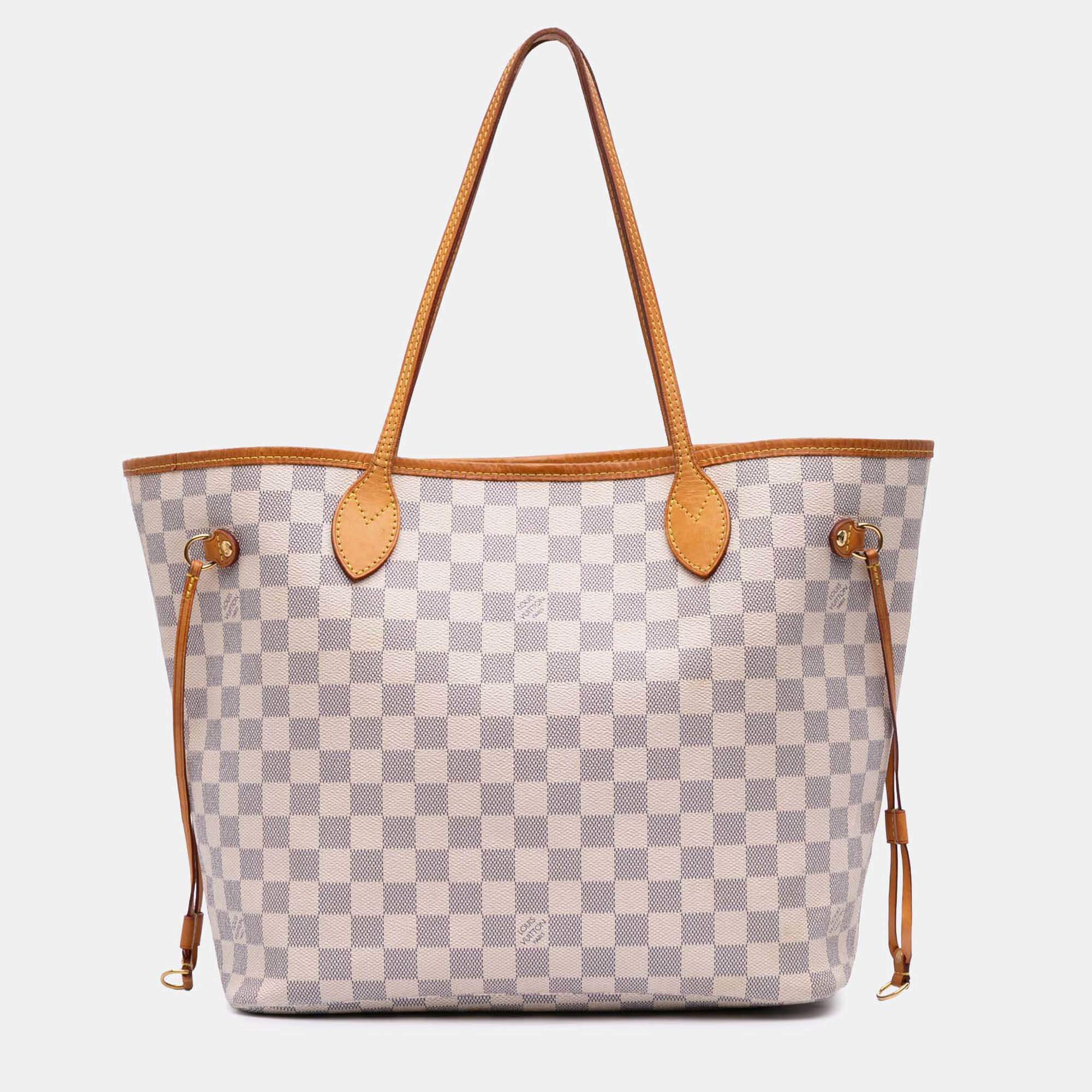 Pre Owned Louis Vuitton White Damier Azur Neverfull MM Bag