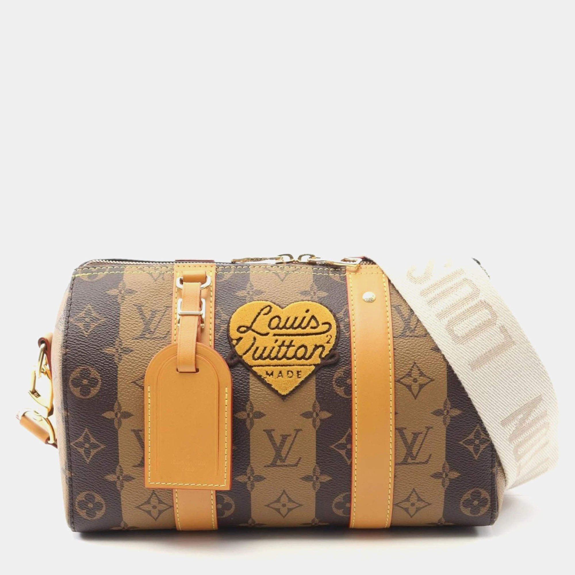 Pre Owned Louis Vuitton City Keepall Monogram Stripe Brown Coated Canvas Shoulder Bag