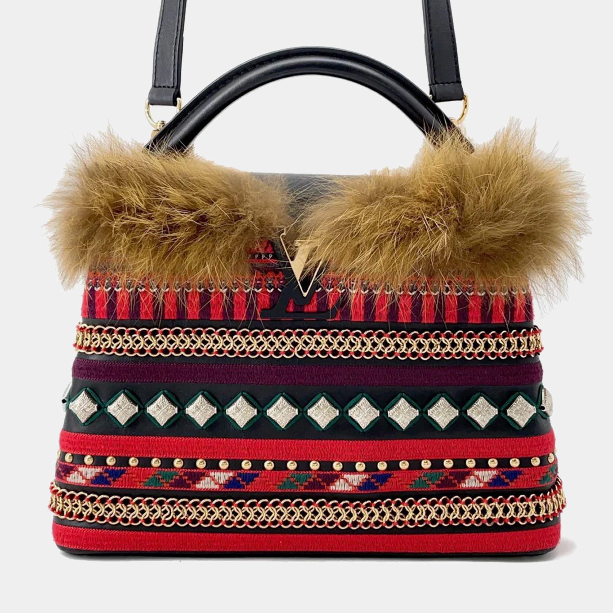 Pre Owned Louis Vuitton Capucines Multicolor Noir Red Leather Fur Top Handle Bag