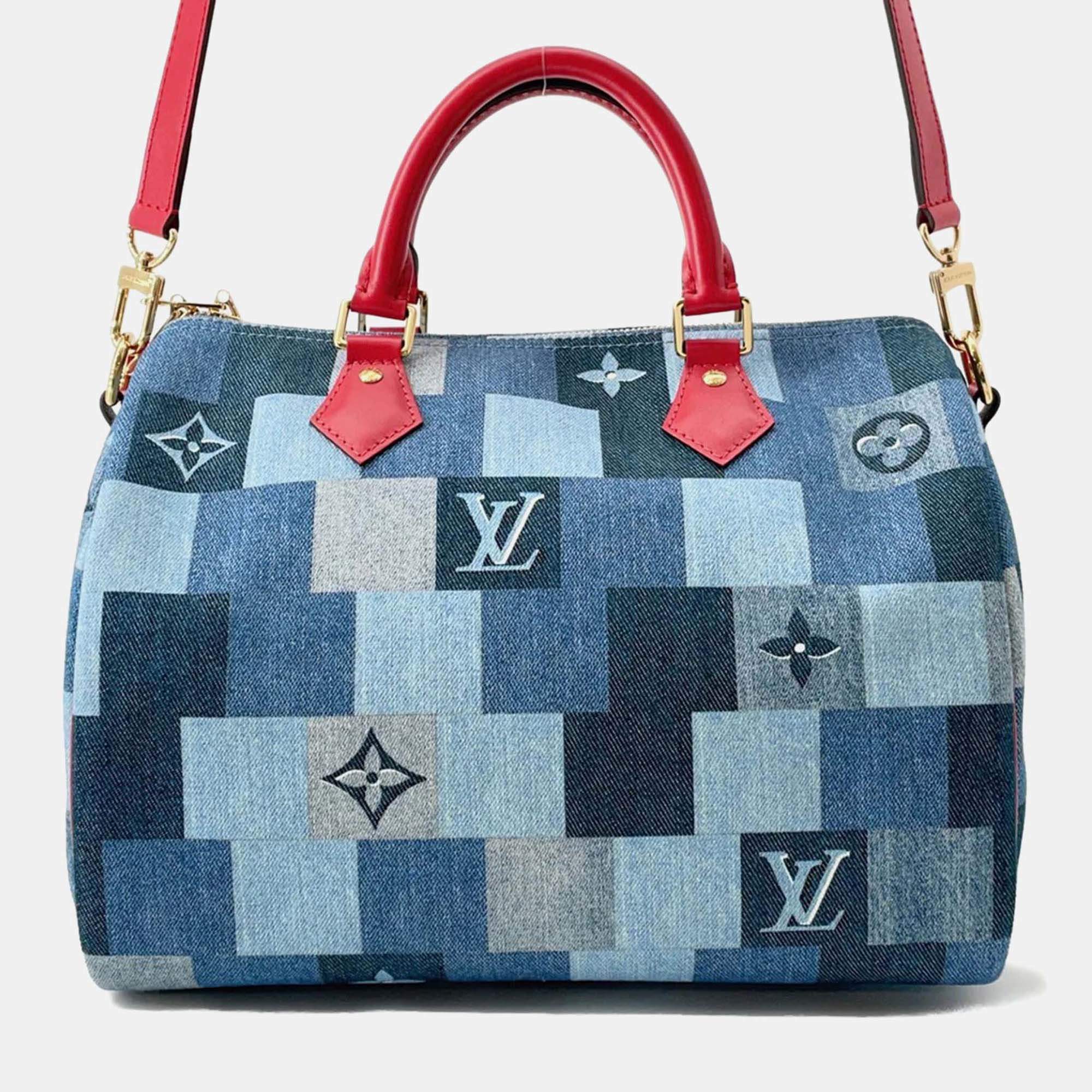 Pre Owned Louis Vuitton Speedy Bandouliere 30 Blue Red Monogram Denim Boston Bag