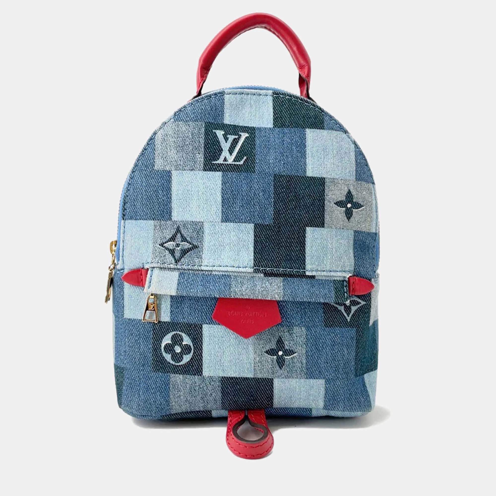 Pre Owned Louis Vuitton Palm Springs Mini Blue Red Monogram Denim Backpack
