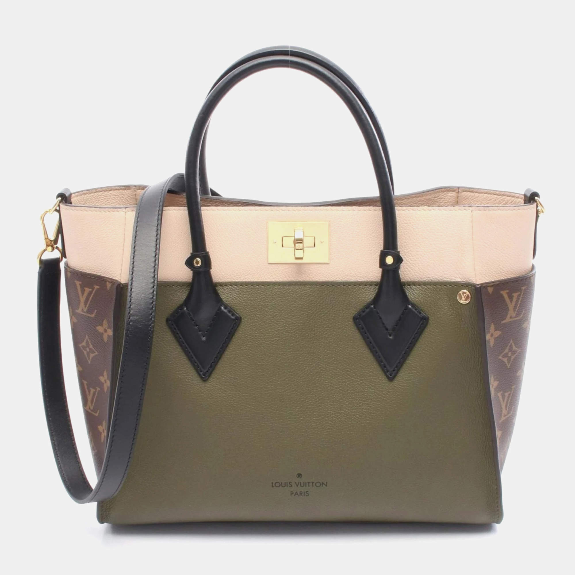 Pre Owned Louis Vuitton On My Side MM Khaki Ivory Monogram Canvas Tote Bag