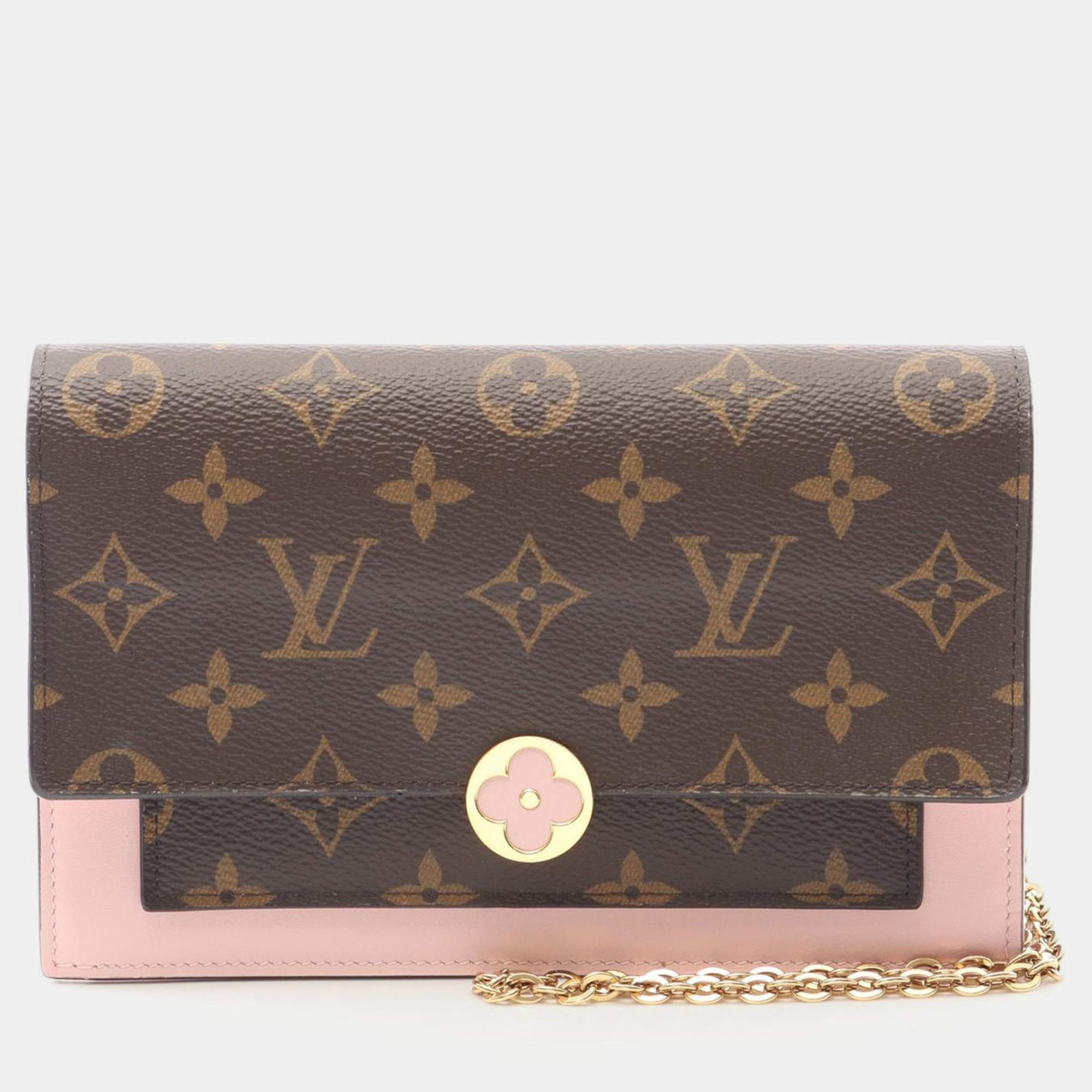 Pre Owned Louis Vuitton Portefeuille Flore Pink/Brown Monogram Canvas Chain Shoulder Bag