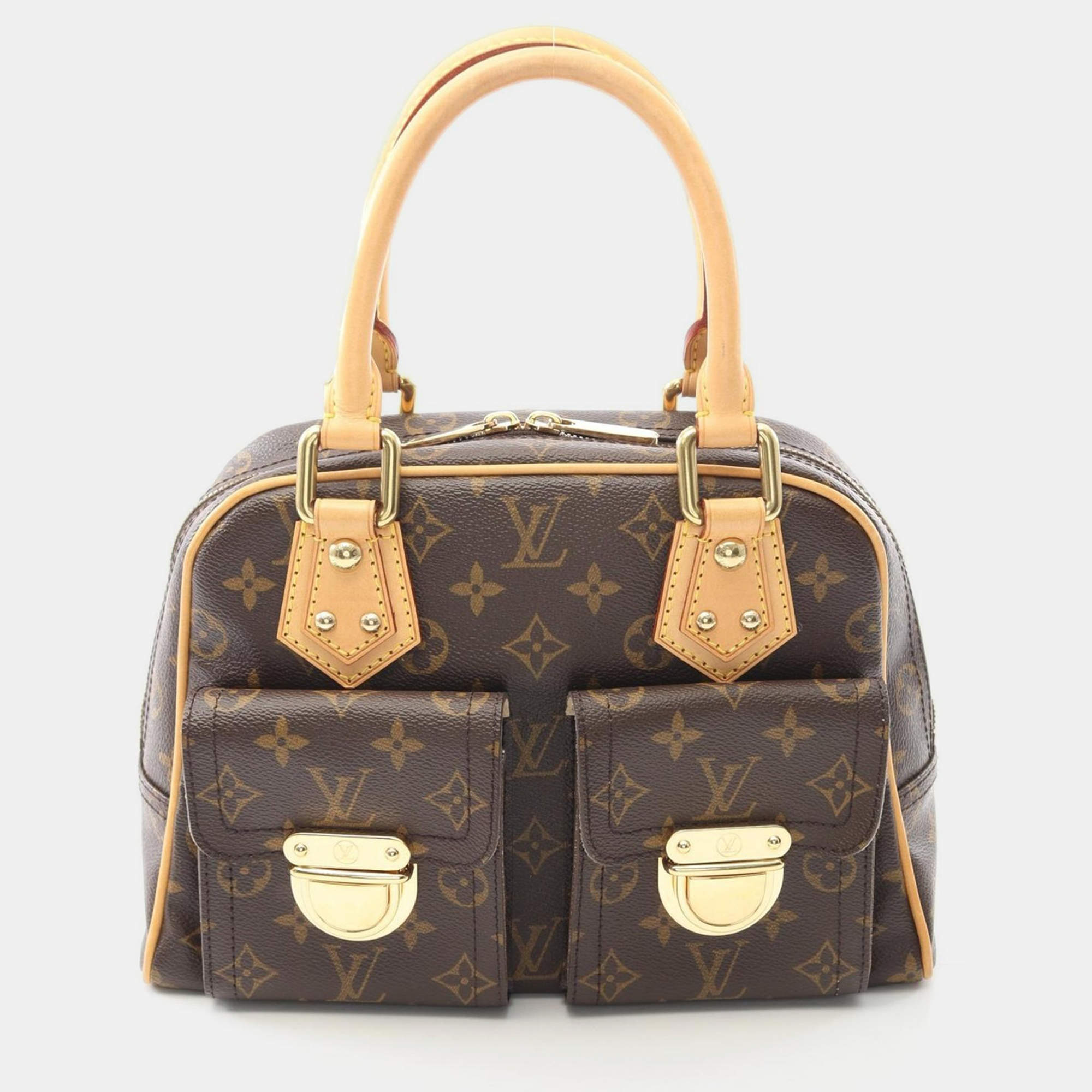 Pre Owned Louis Vuitton Manhattan PM Brown Monogram Canvas Leather Handbag