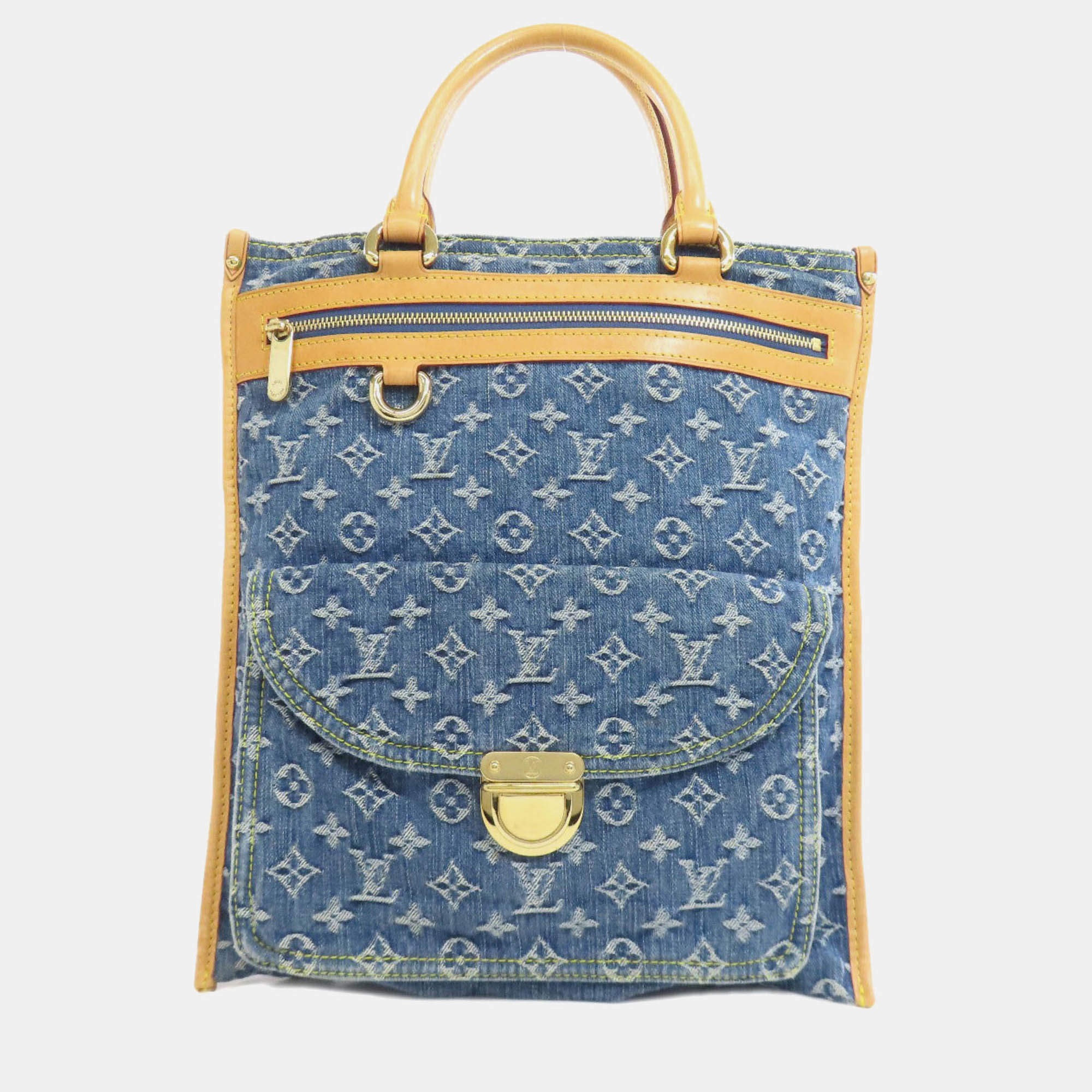 Pre Owned Louis Vuitton Flat Shopper Monogram Denim Tote Bag