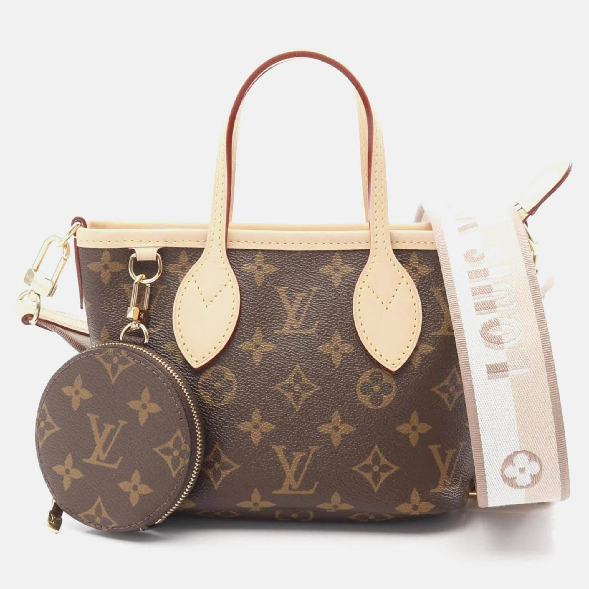 Pre Owned Louis Vuitton Neverfull BB Brown Beige Monogram Coated Canvas Leather Tote Bag