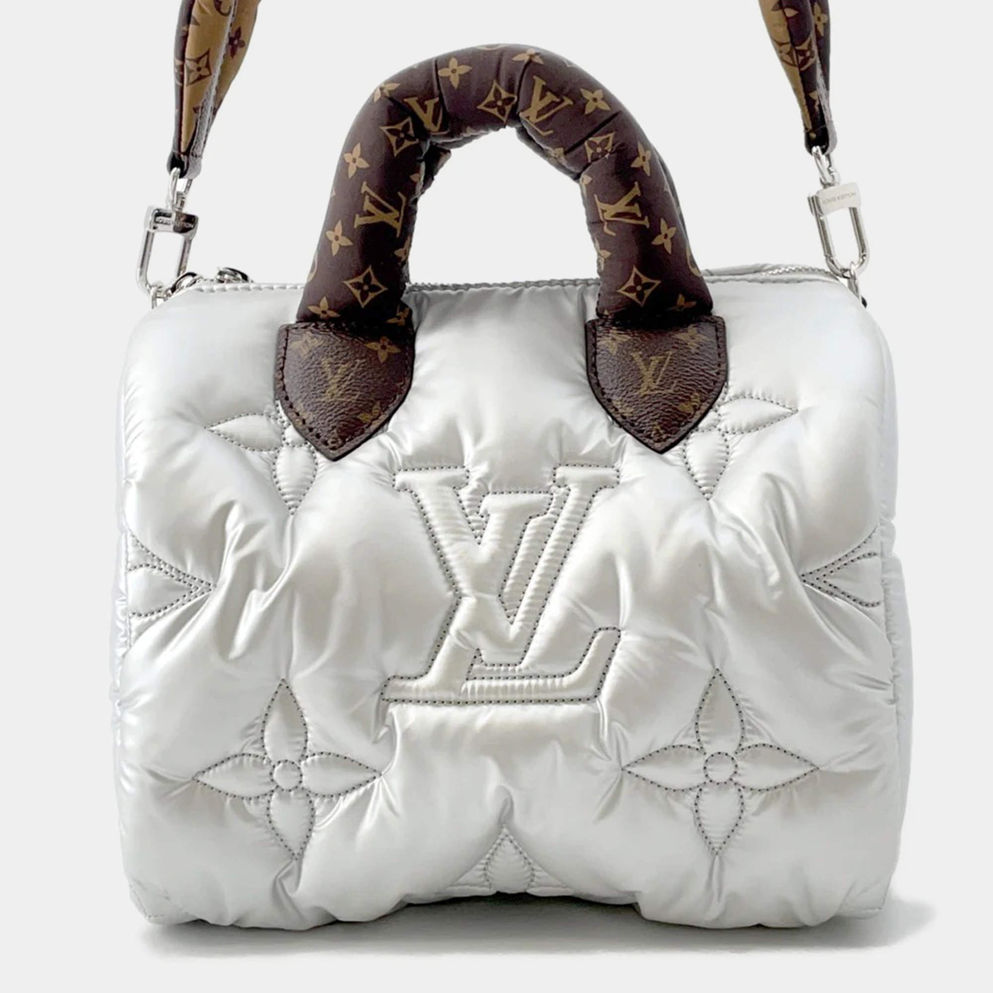 Pre Owned Louis Vuitton Speedy Bandouliere Silver Recycled Metallicnylon Monogram Size 25