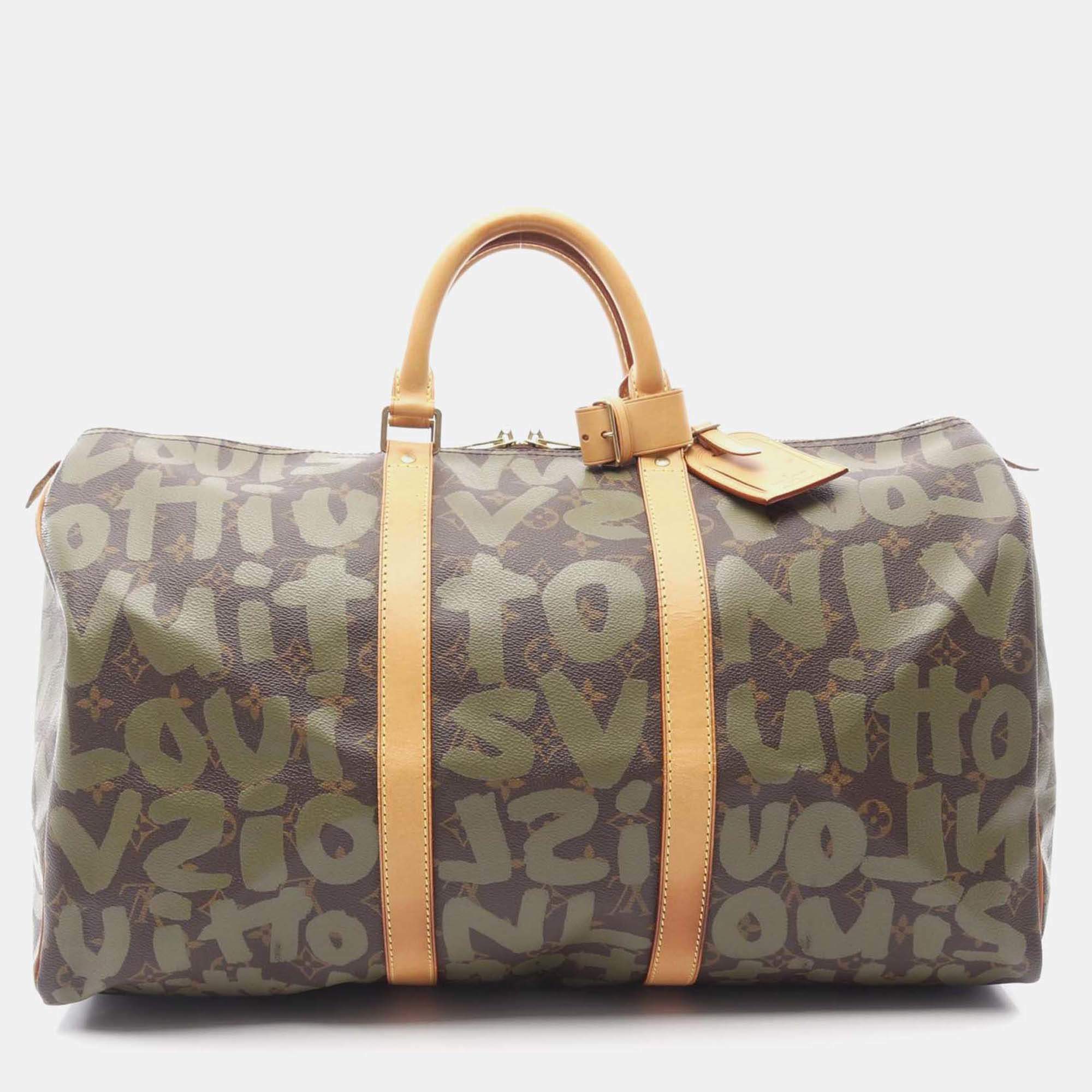 Pre Owned Louis Vuitton Keepall50 Hand Bag M92196 Monogram Graffiti Brown Canvas Used Lv