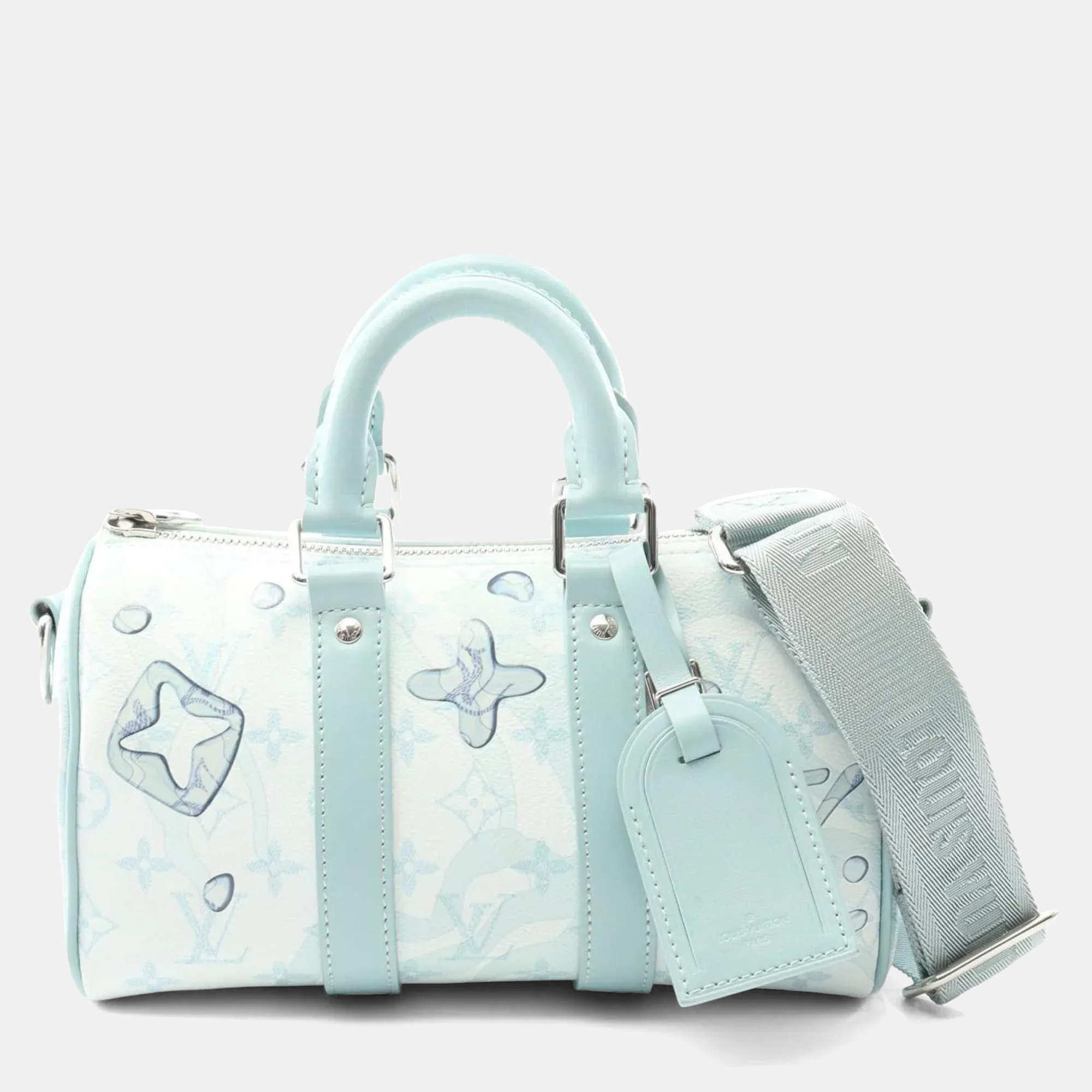 Pre Owned Louis Vuitton Keepall Bandouliere 25 Monogram Aqua Garden Blue Coated Canvas Leather Handbag
