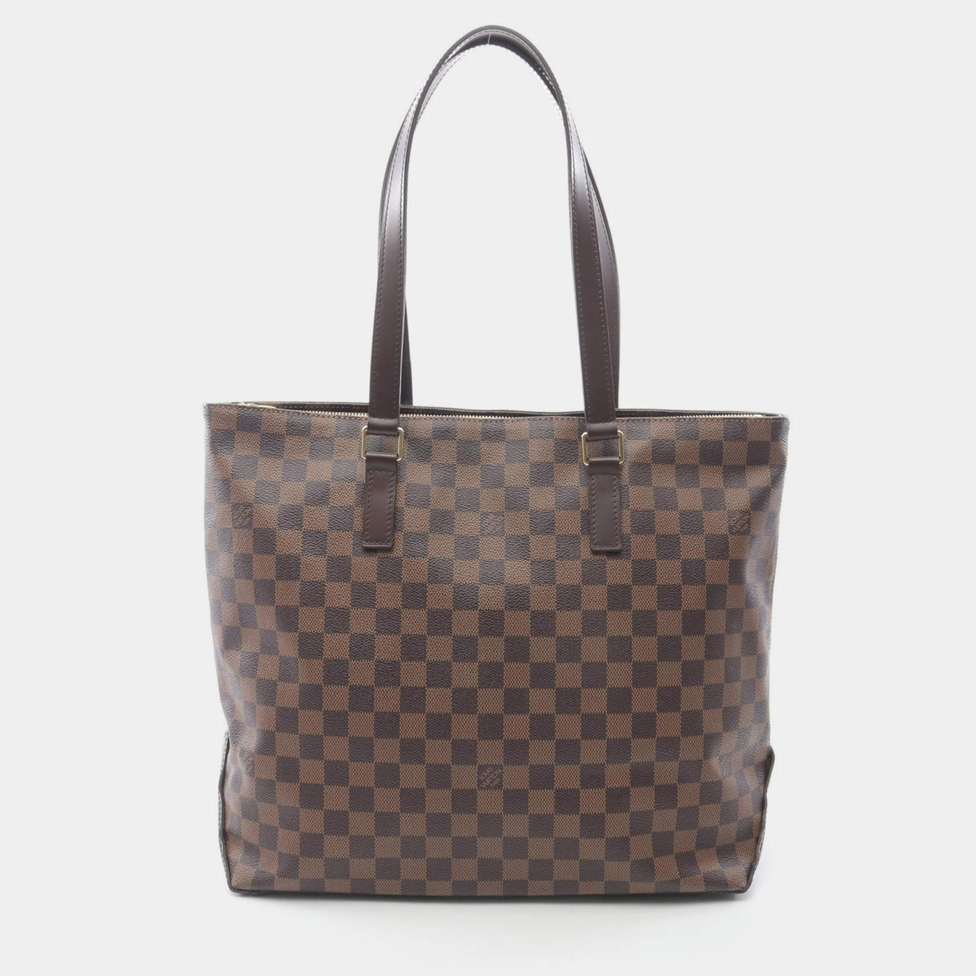 Pre Owned Louis Vuitton Cabas Mezzo Tote Bag Damier Canvas Leather Ebene