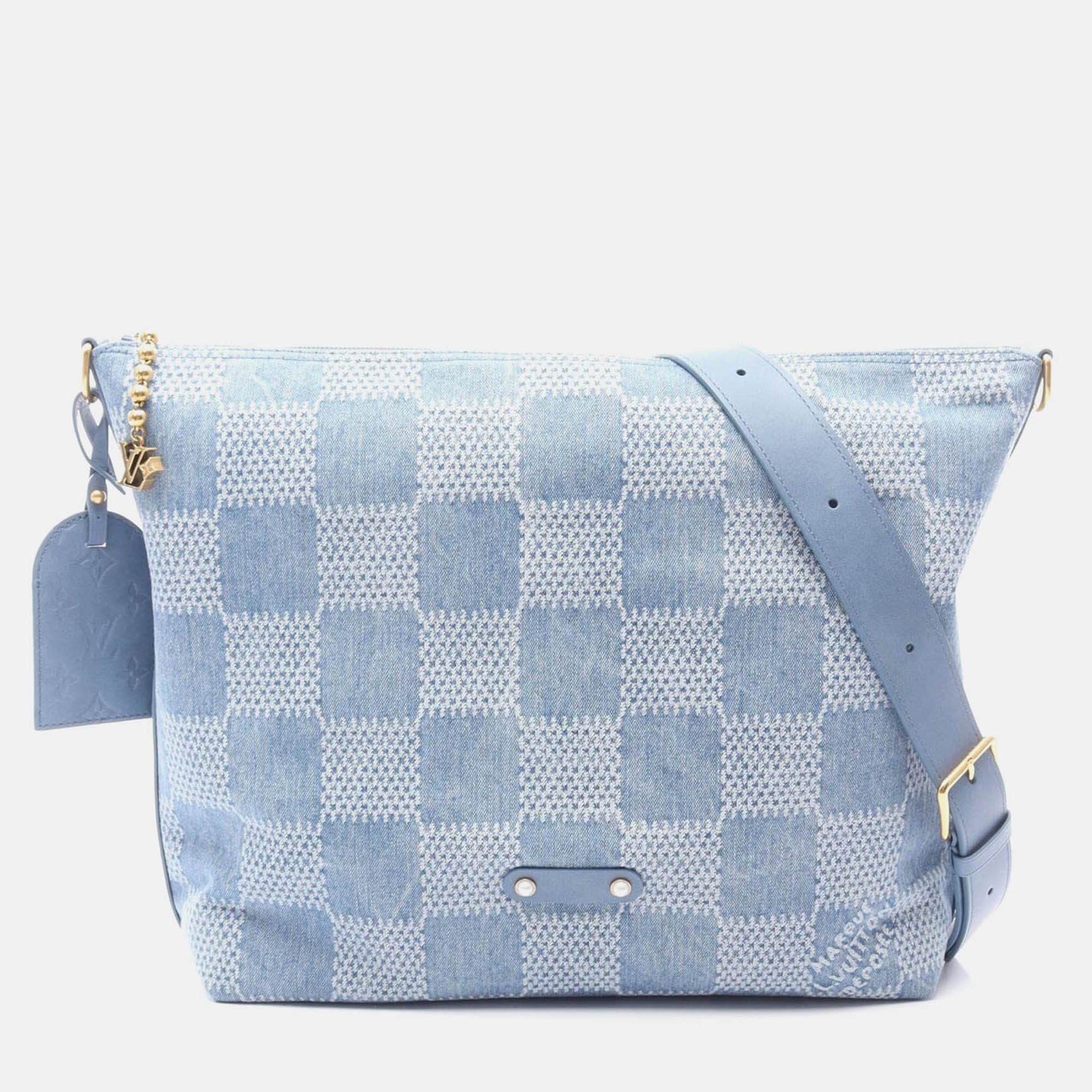 Pre Owned Louis Vuitton Vagabond Hobo Shoulder Bag Denim Leather Blue