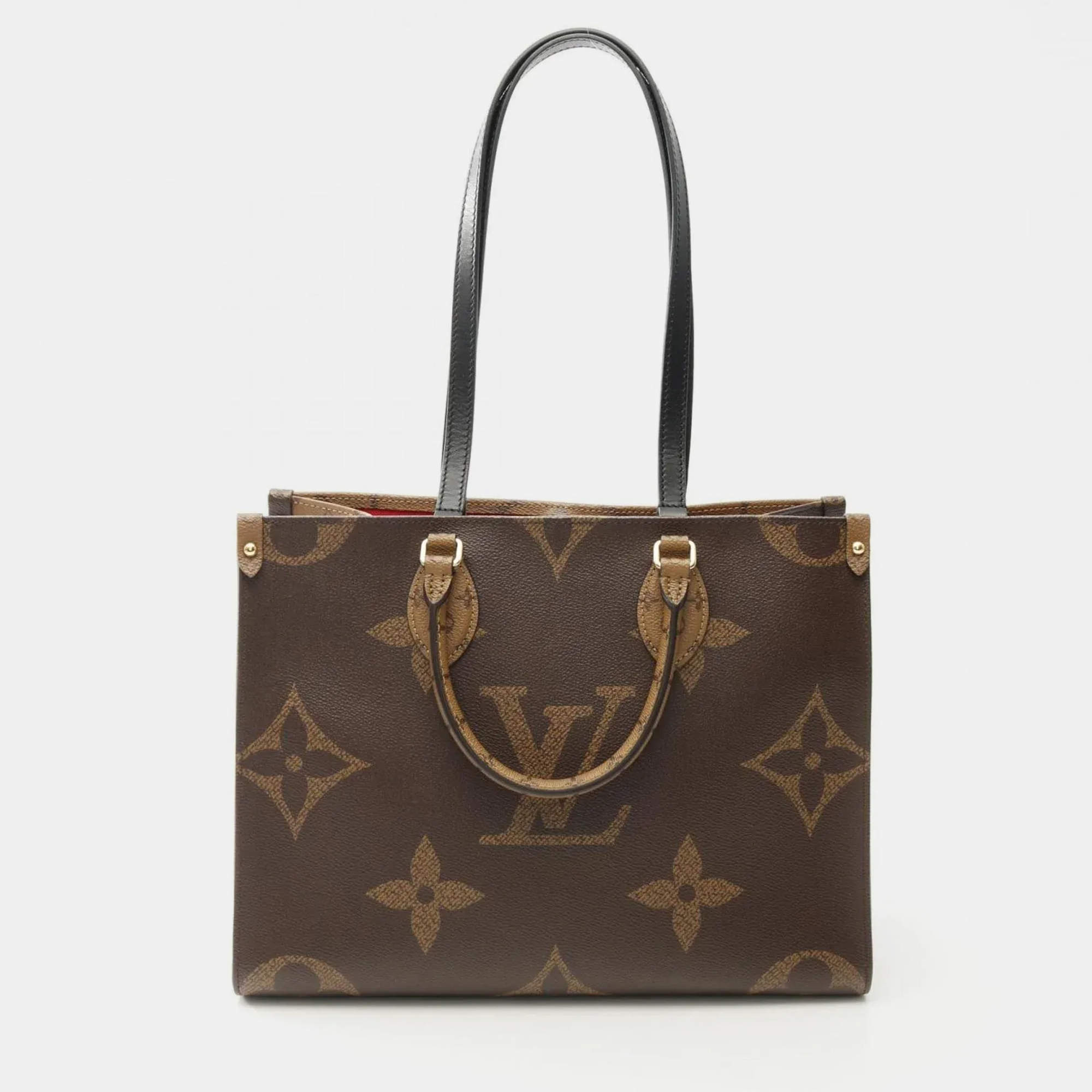 Pre Owned Louis Vuitton On The Go Mm Monogram Giant Reverse Tote Bag Coated Canvas Leather Brown Beige
