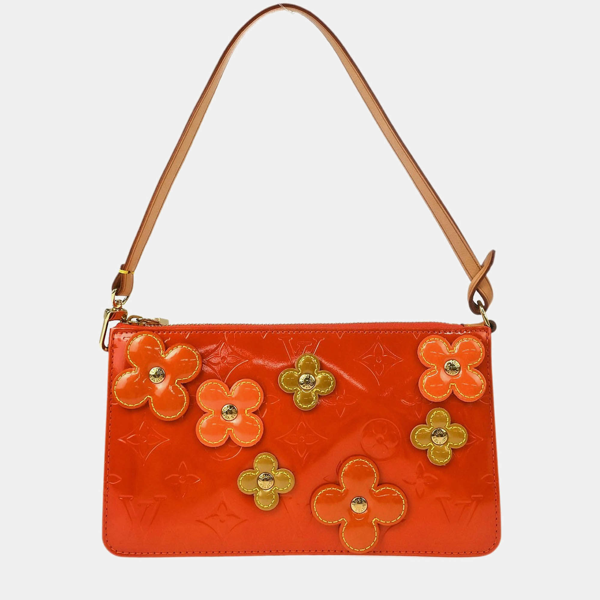 Pre Owned Louis Vuitton Lexington Orange Vernis Flower Patent Leather Shoulder Bag