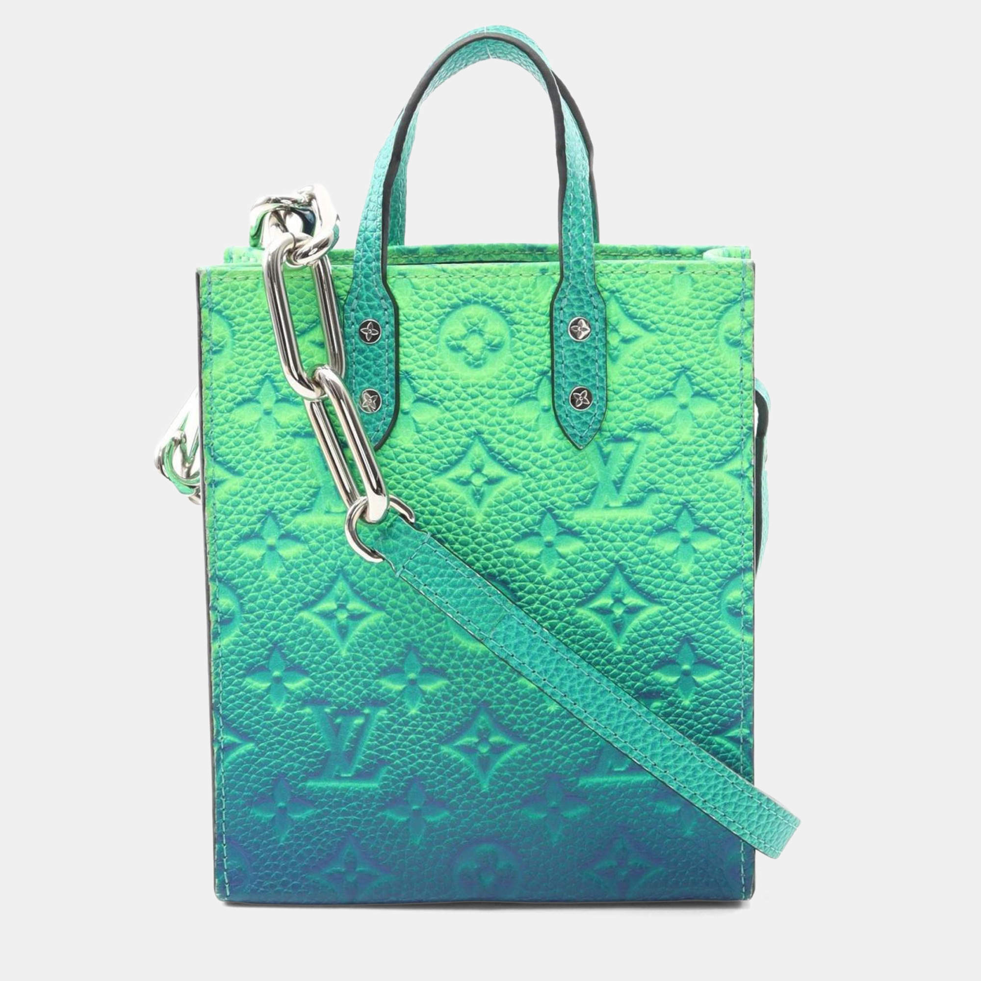 Pre Owned Louis Vuitton Sac Plat Xs Taurillon Illusion Handbag Leather Green Blue